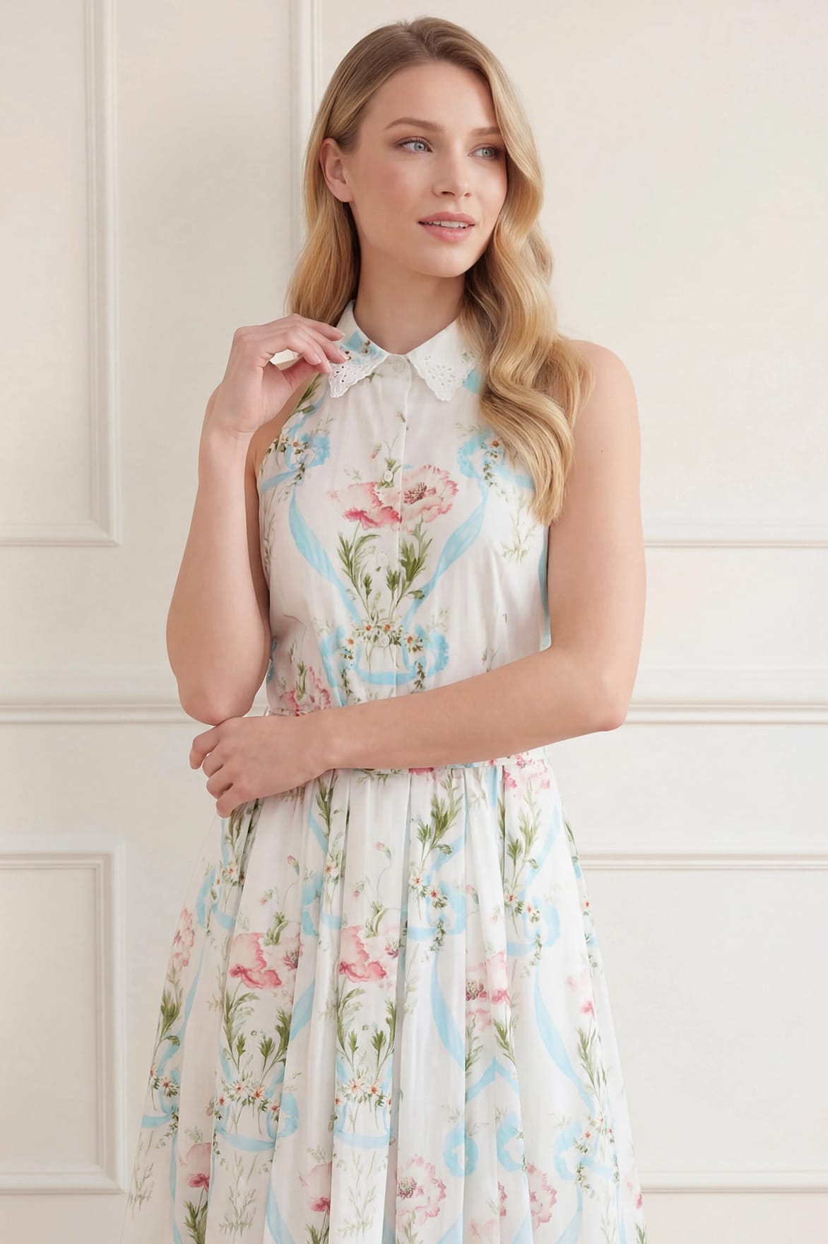 Needle & Thread Floral Ribbon Halter sukienka White bawełna