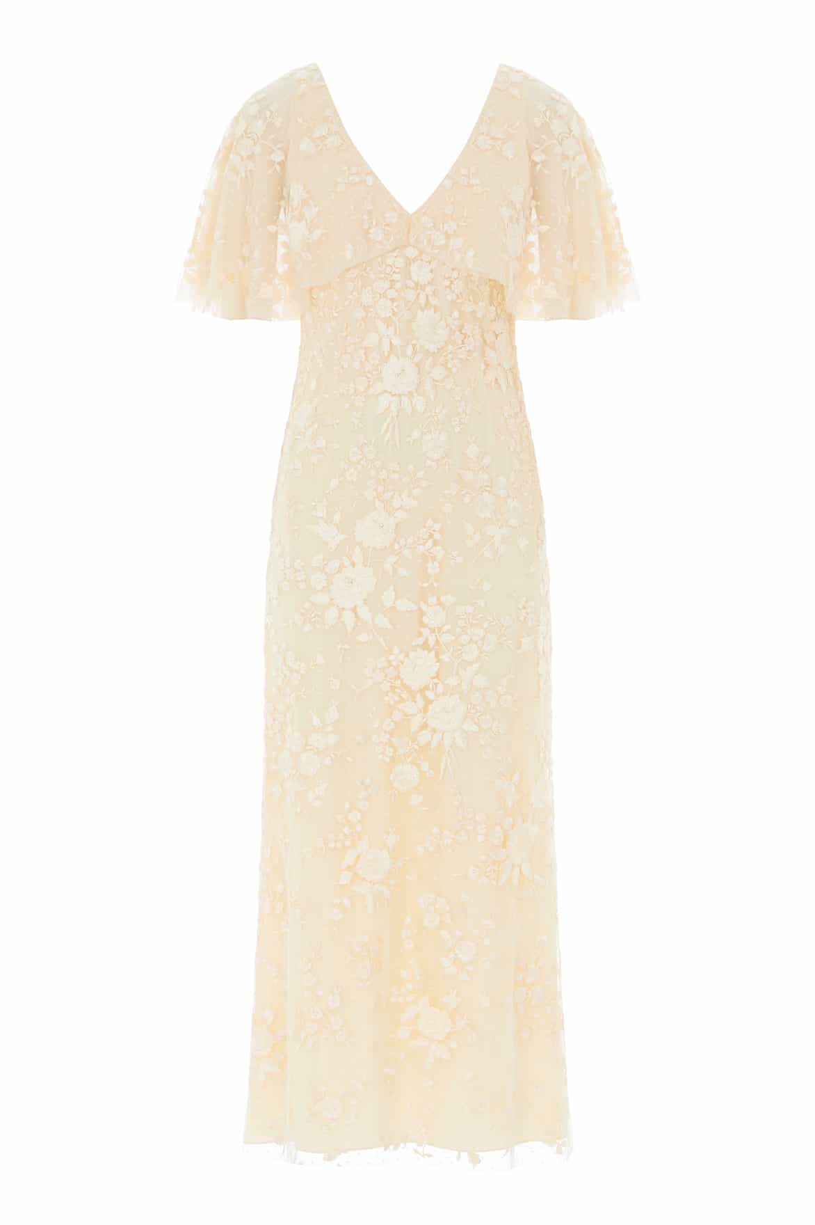Needle & Thread Rosa V-Neck Cape Gown sukienka żółta haftowana