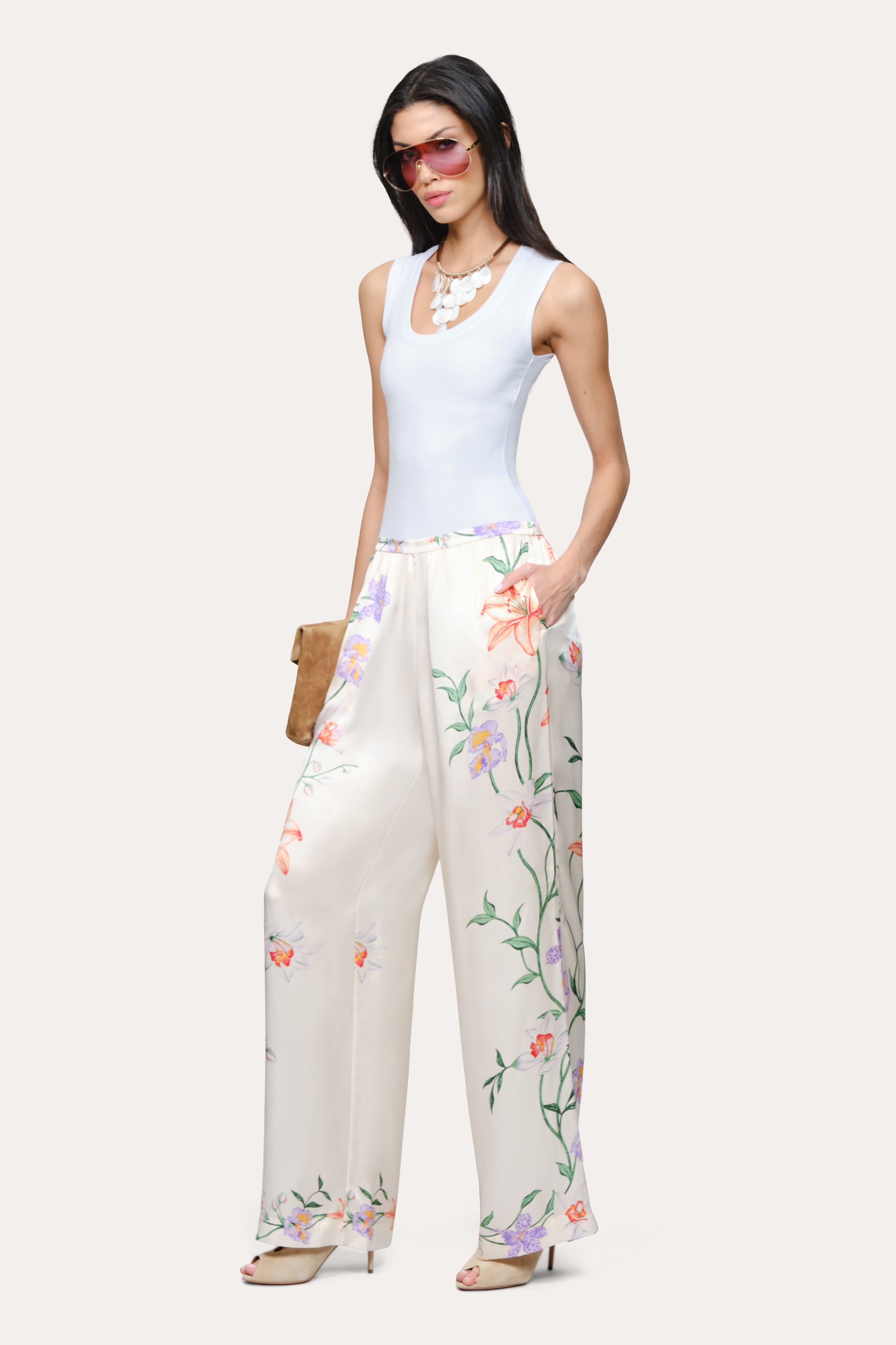 Elie Tahari Frances Floral spodnie jedwabne Petale D'Oro