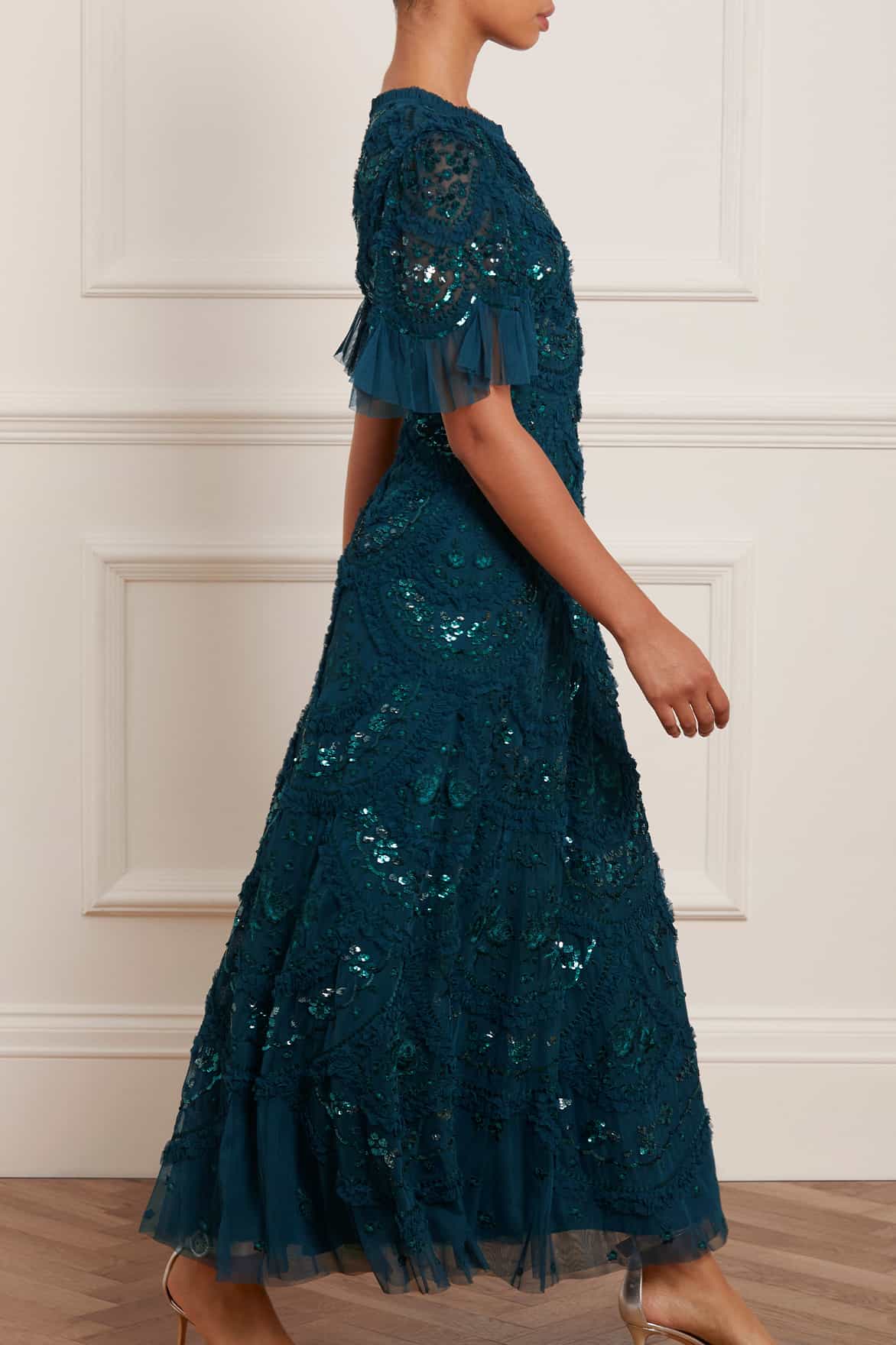 Needle & Thread Carmen Ruffle Ankle Gown sukienka zielona