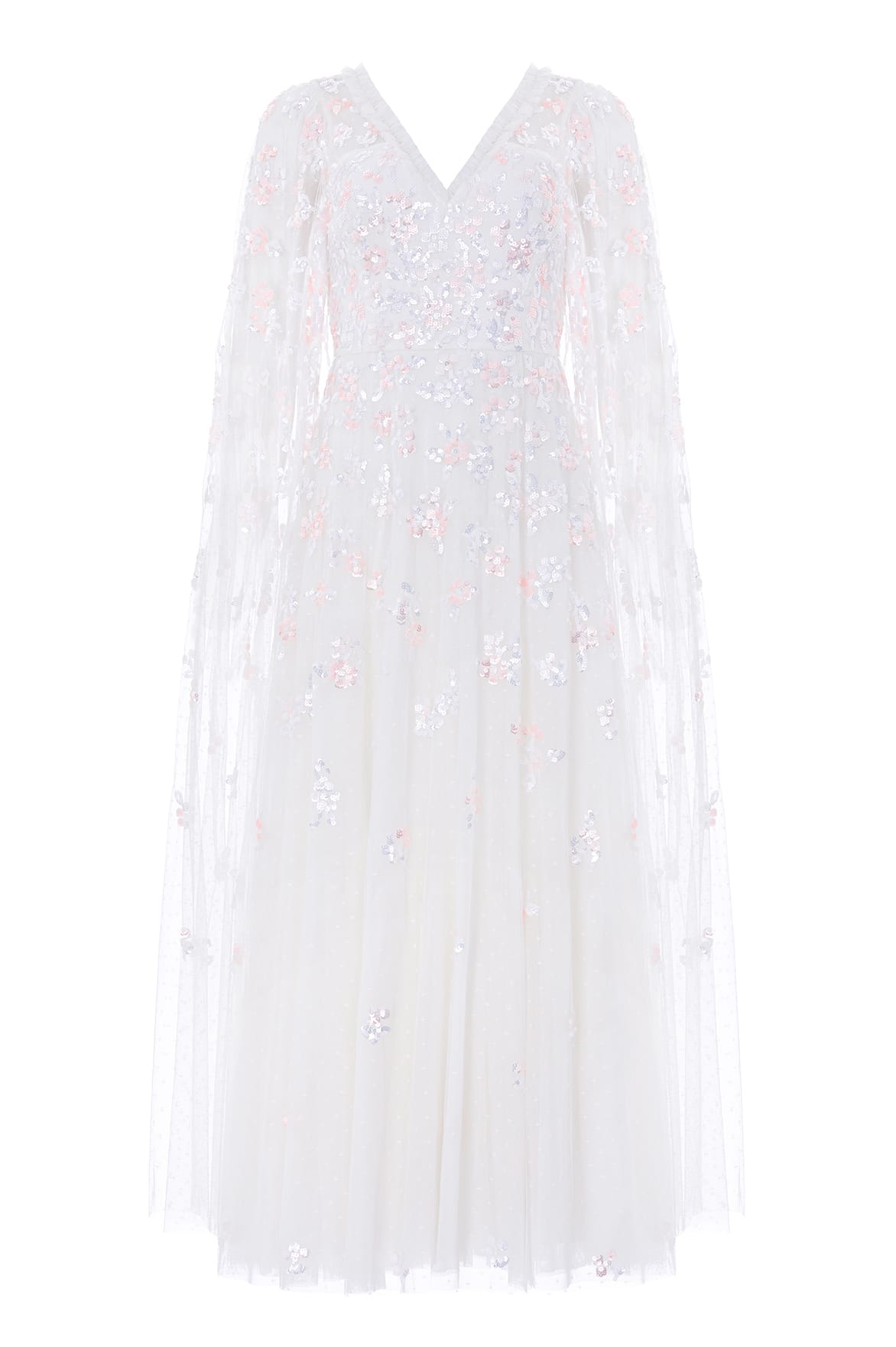 Needle & Thread Freesia Shimmer Cape Sleeve Ankle Gown suknia White