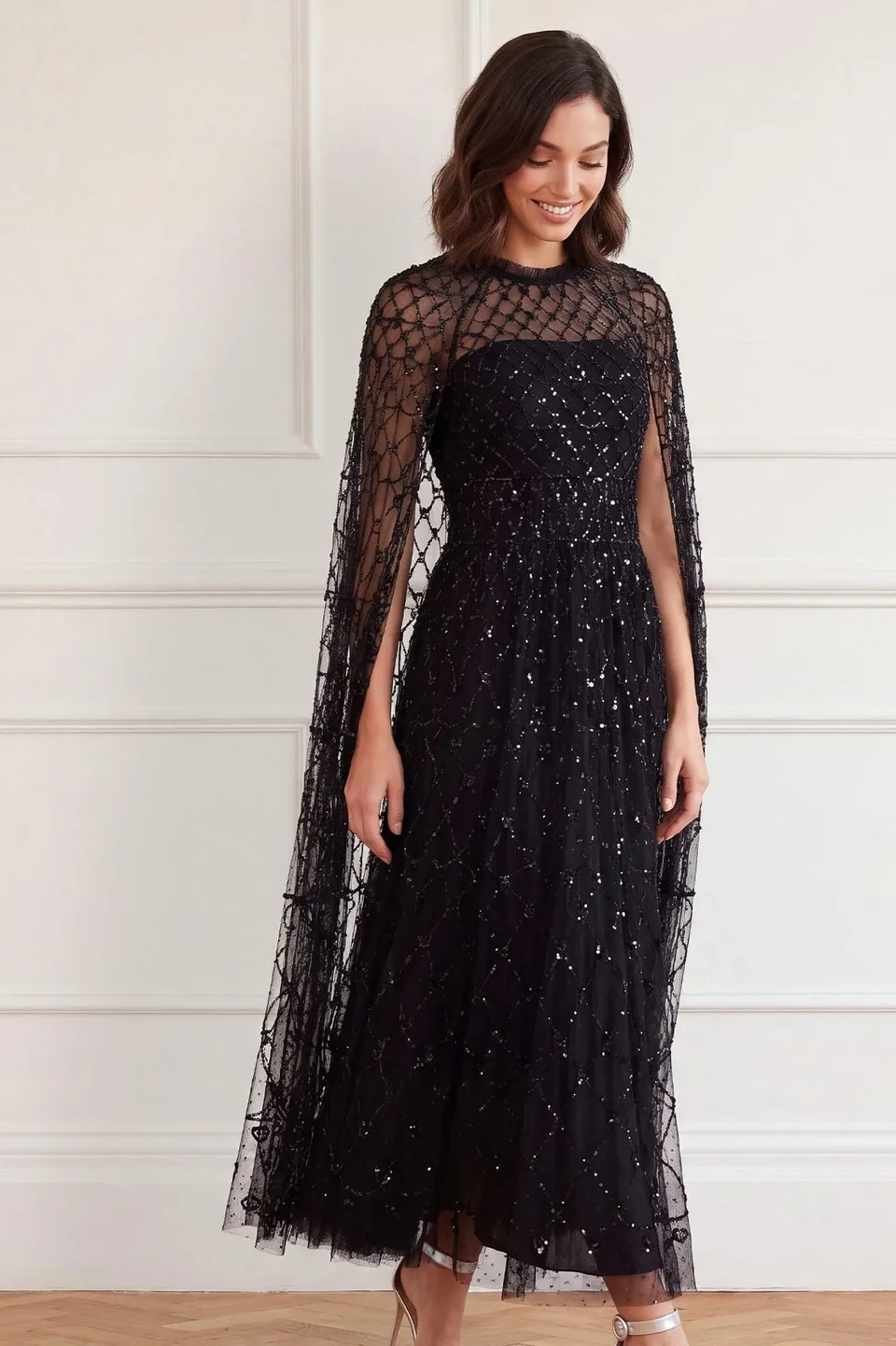 Needle & Thread Heart Lattice Ankle Gown suknia czarna cekinowa