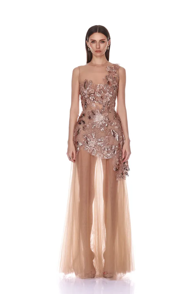 Bronx and Banco Layla Sequin Floral sukienka maxi nude