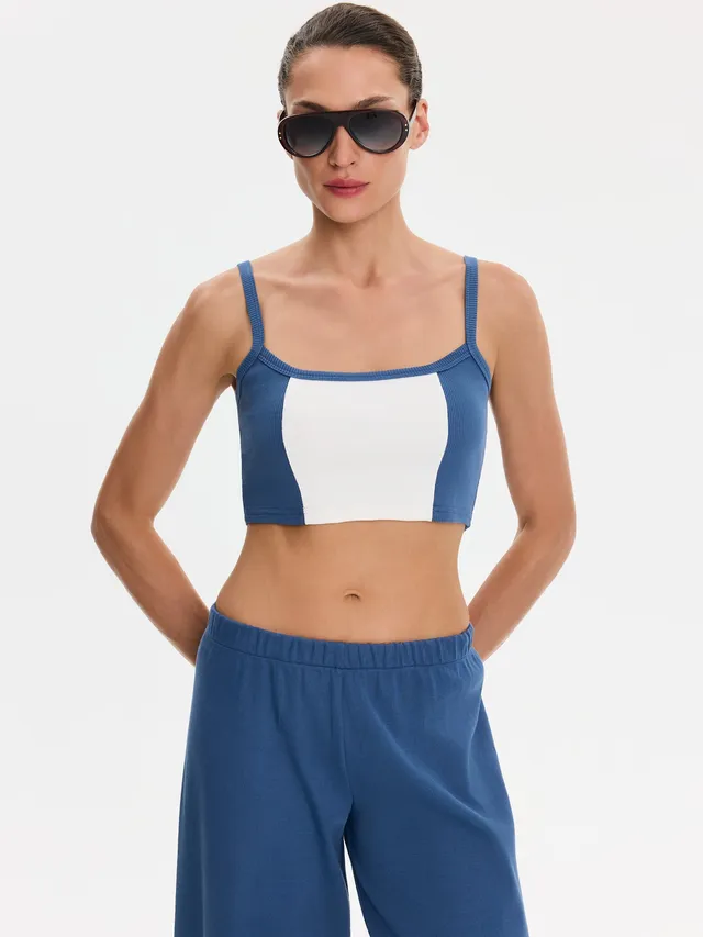 Nudyess Alex crop top Indygo prążkowany na ramiączkach