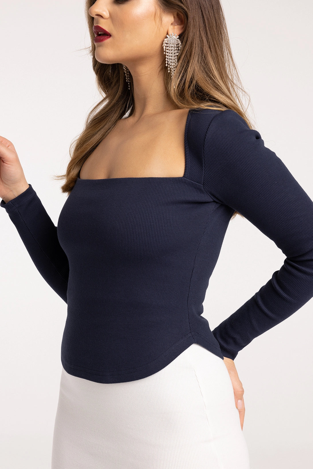 Nudyess Blizzard bluzka prążkowana Dark Navy kwadratowy dekolt
