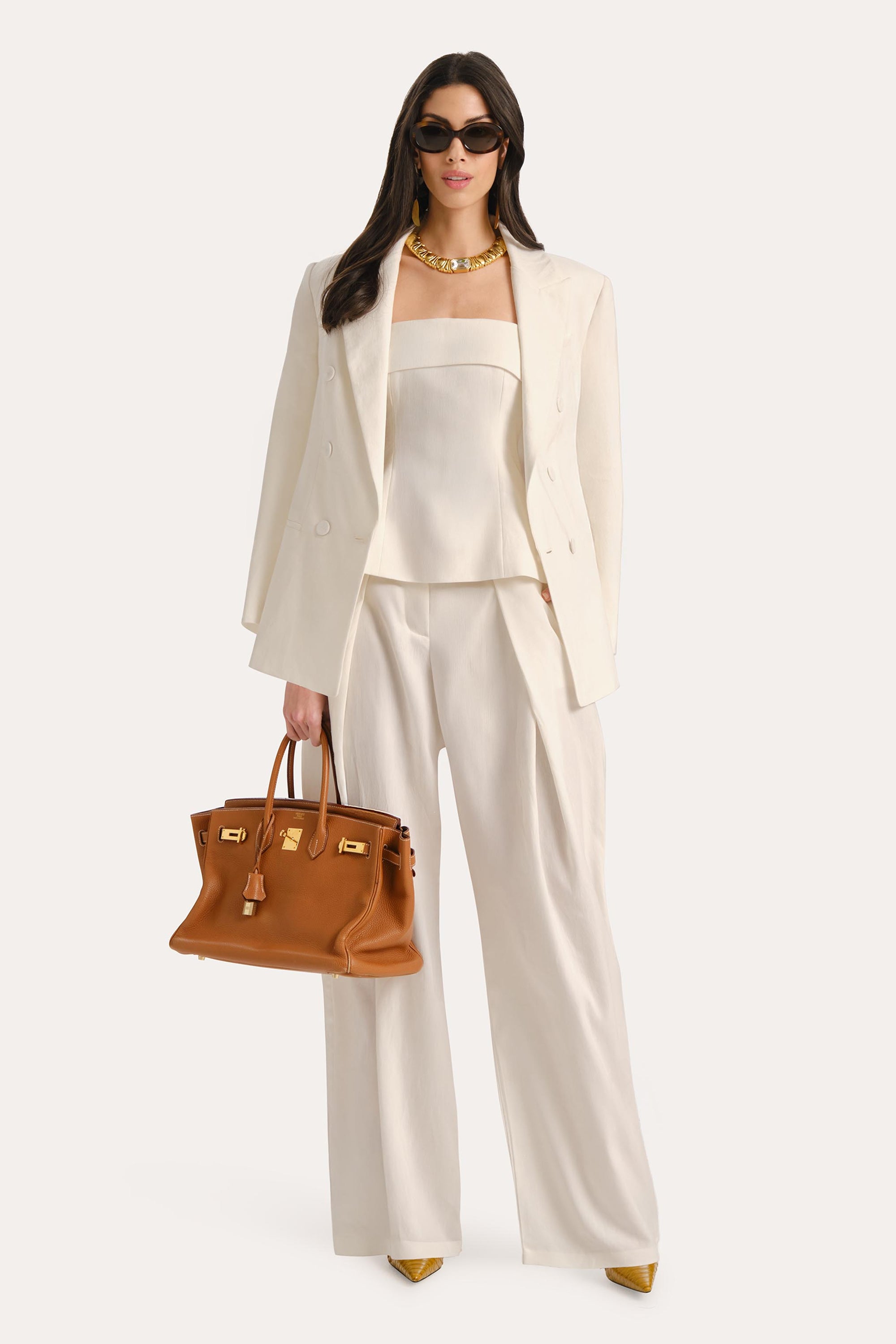 Elie Tahari Linda lniany top bez ramiączek perłowy