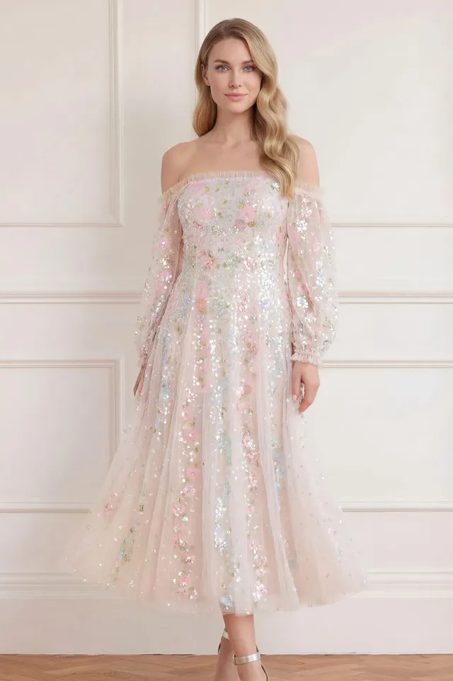 Needle & Thread Confetti Gloss Off-Shoulder Ballerina sukienka kremowa