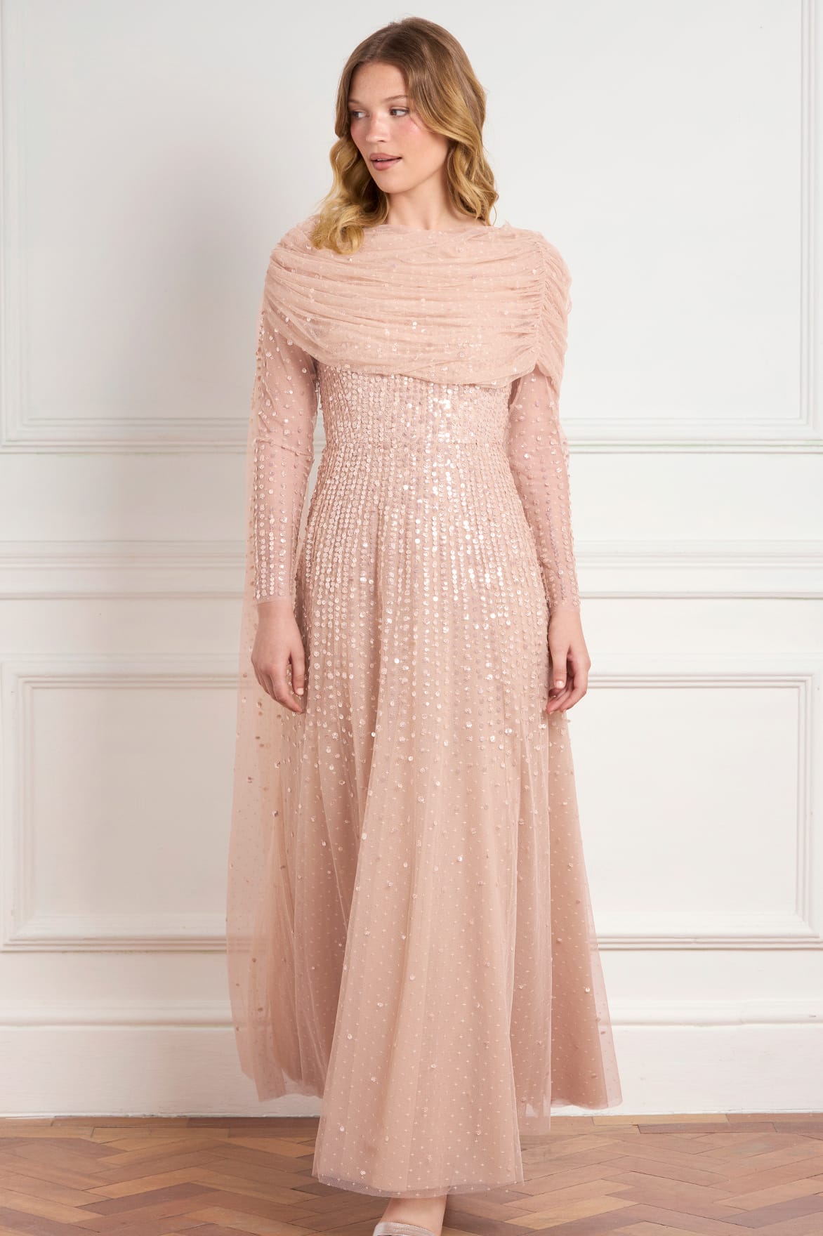 Needle & Thread Moonlight Sequin Draped sukienka beżowa