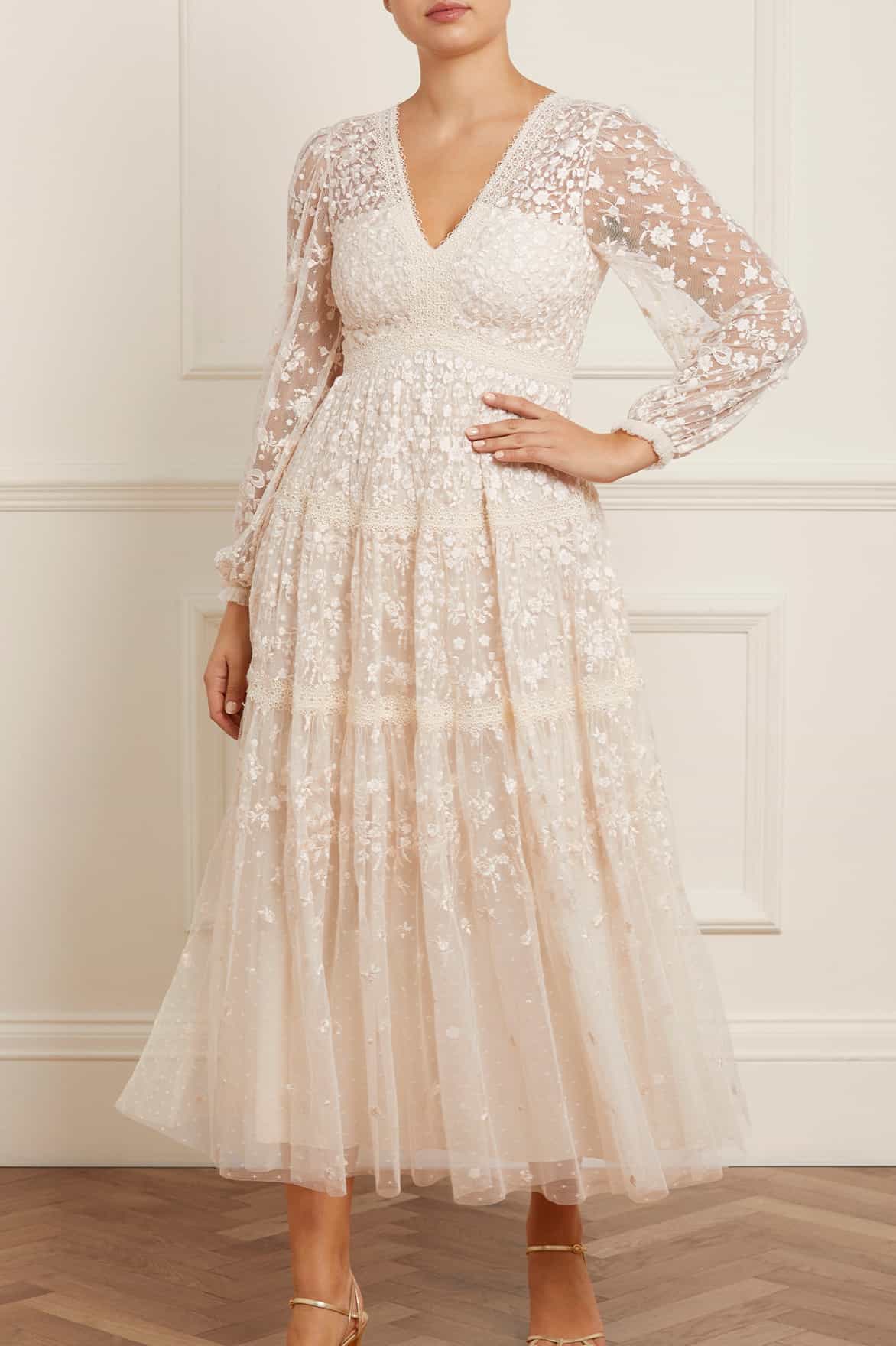 Needle & Thread Celestia Ribbon Ankle Gown sukienka kremowa haftowana