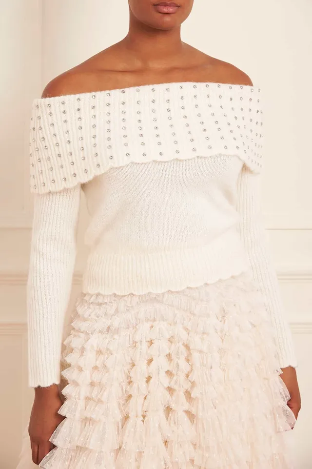 Needle & Thread Embellished Bardot Jumper sweter kremowy alpaka