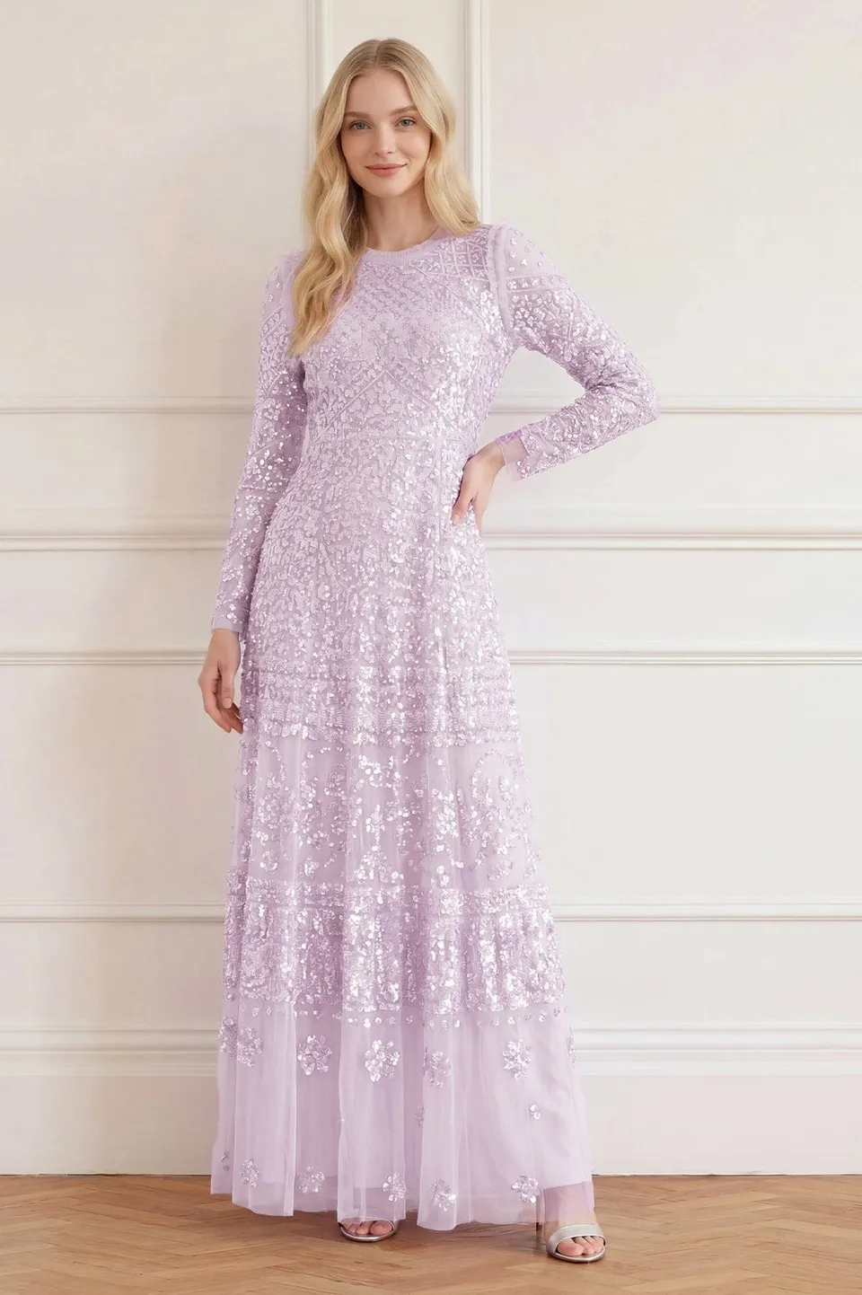 Needle & Thread Aurora Gown sukienka liliowa cekinowa maxi