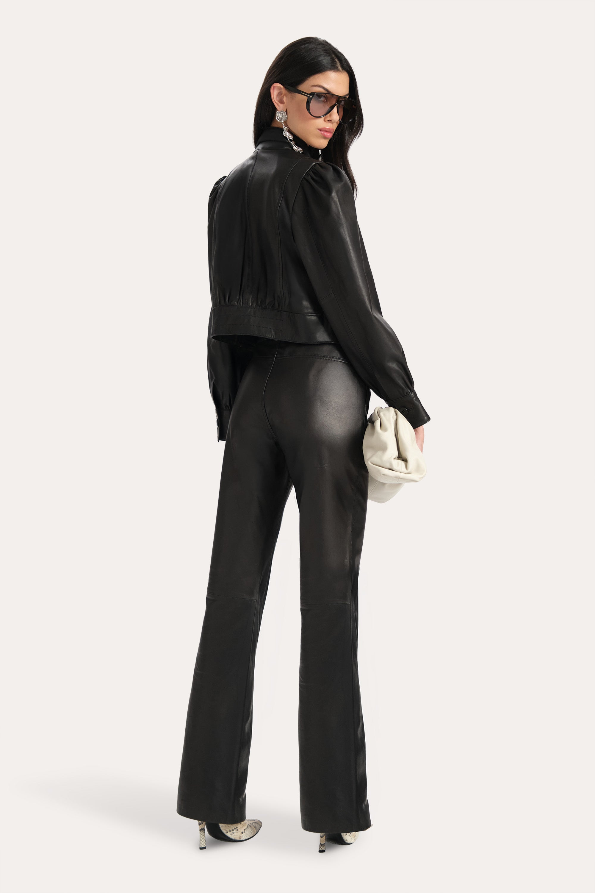 Elie Tahari Anouk spodnie skórzane Black Onyx wysoki stan