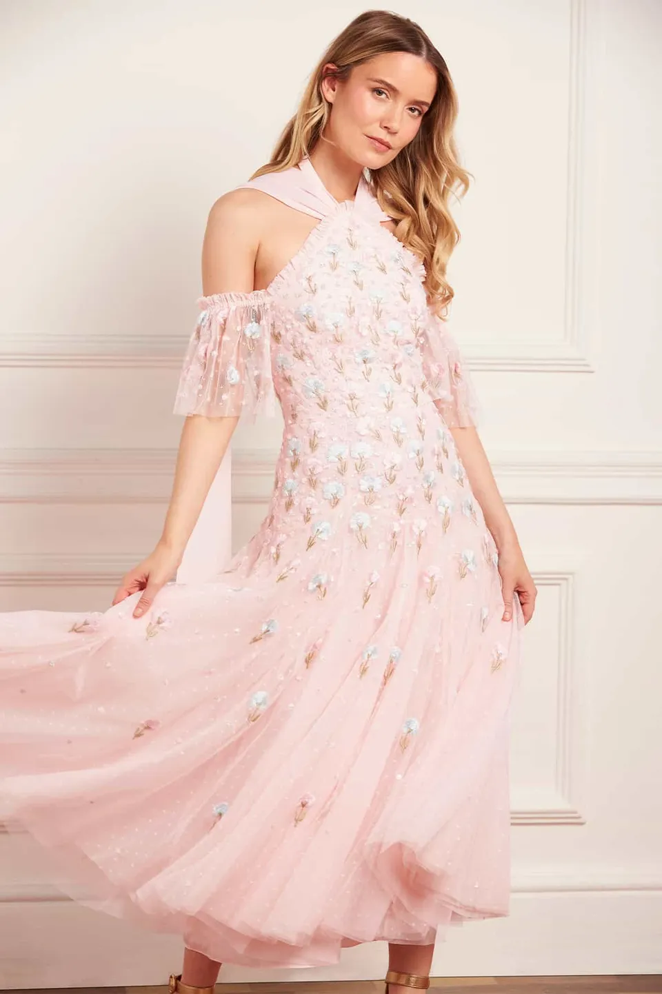 Needle & Thread Dandelion Ditsy Dress sukienka beżowa balerina