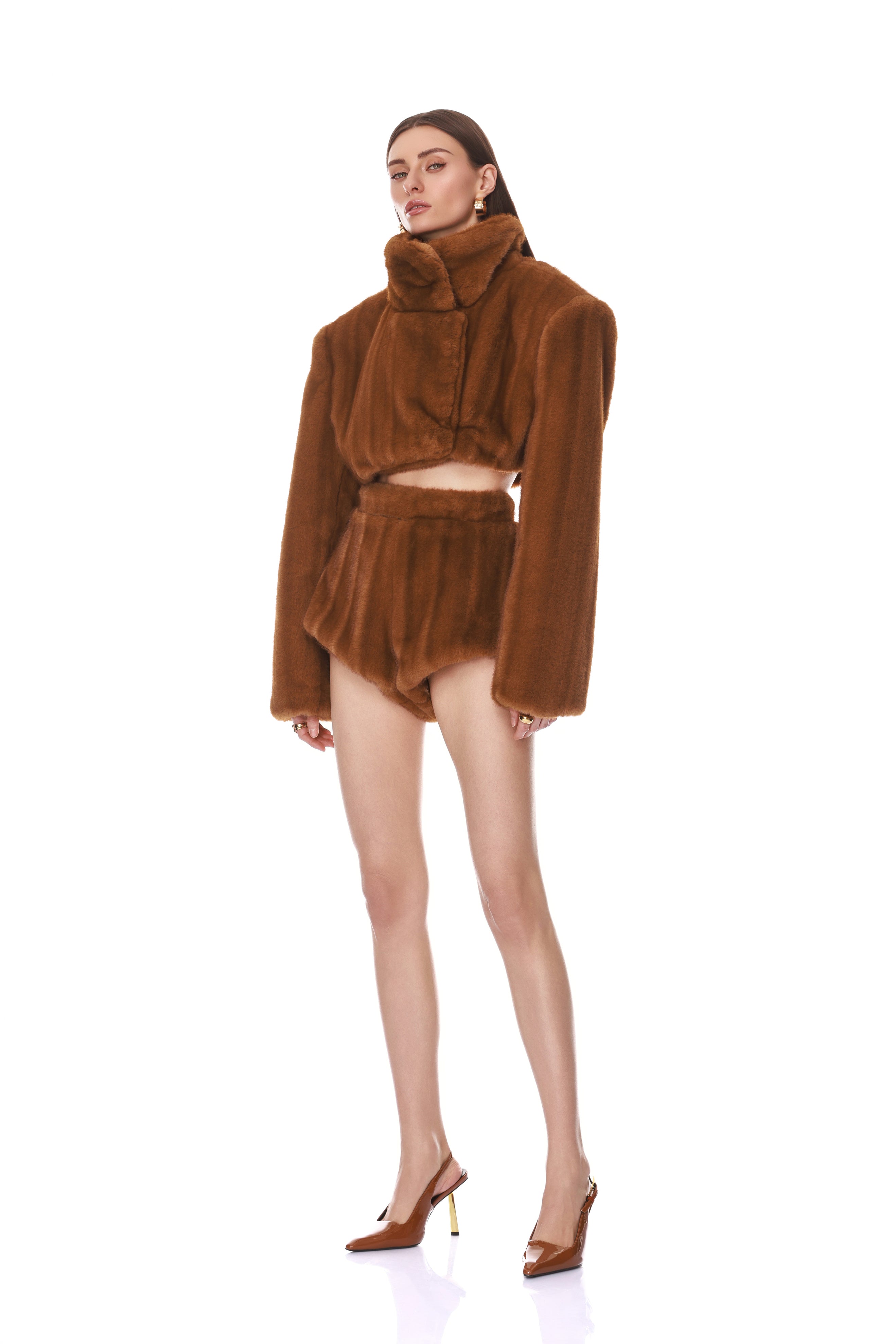 Bronx and Banco Faux Mink kurtka futrzana brązowa cropped