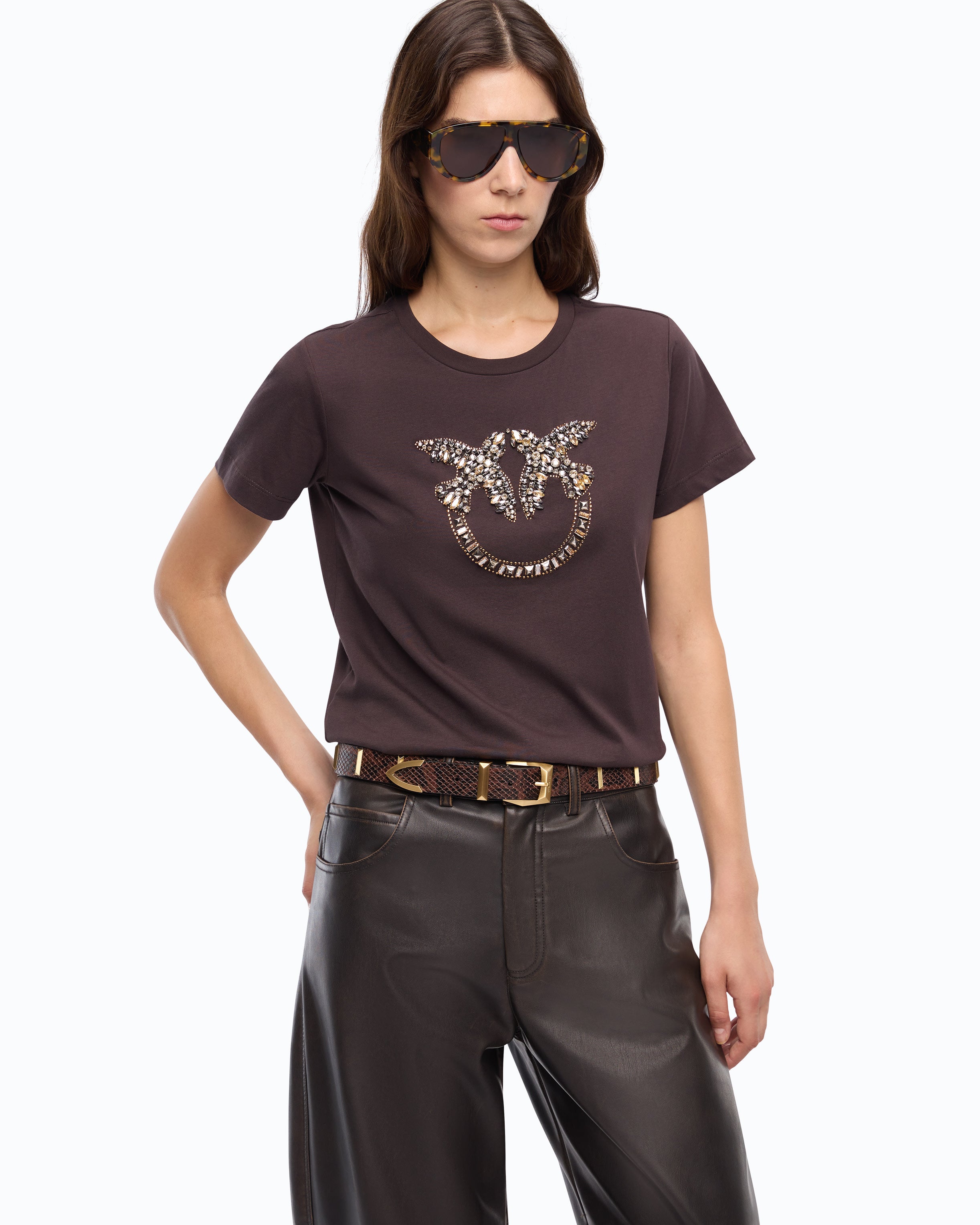 Pinko Love Birds t-shirt bawełniany brązowy kryształki