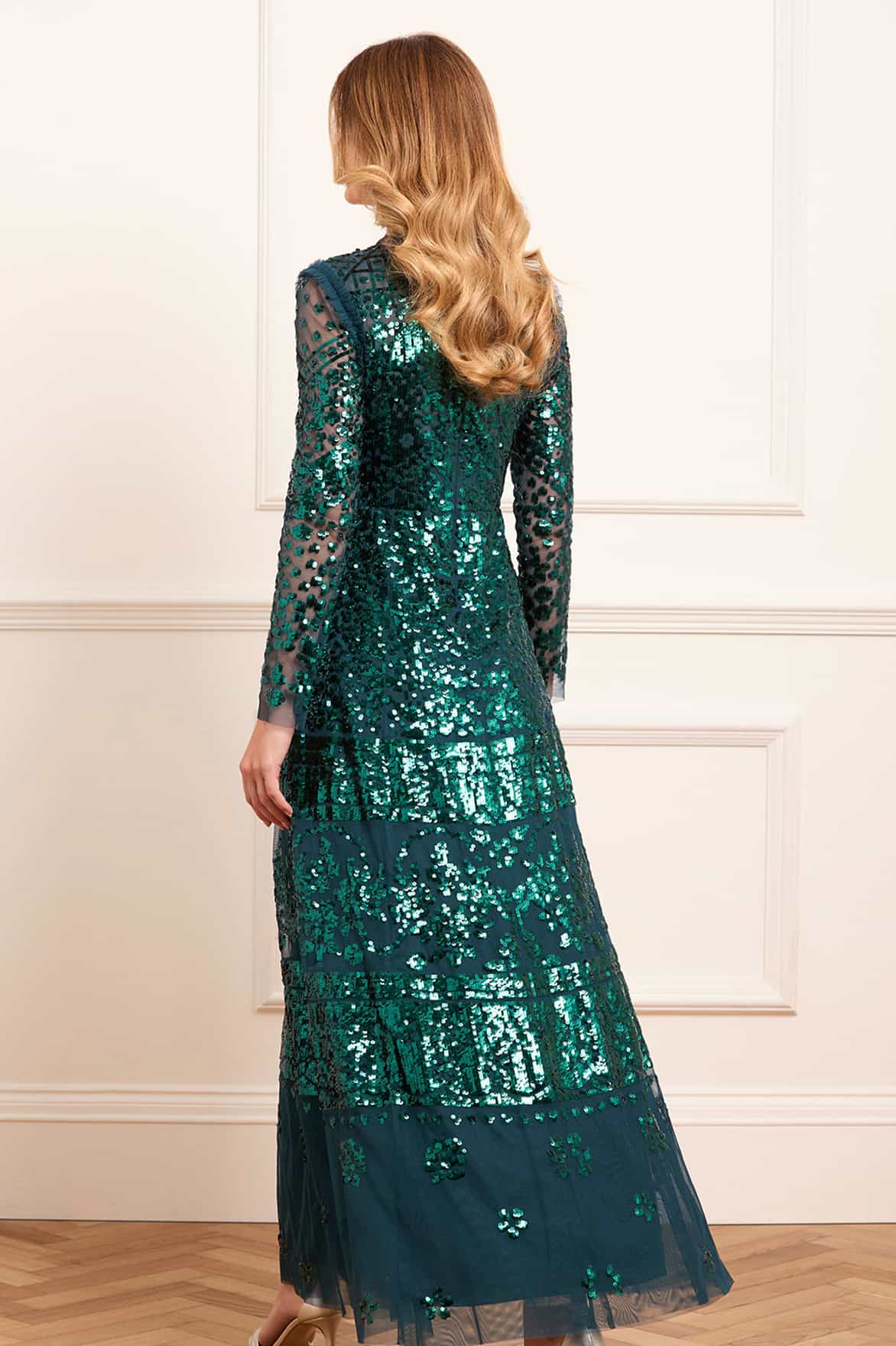 Needle & Thread Aurora Gown sukienka zielona cekiny