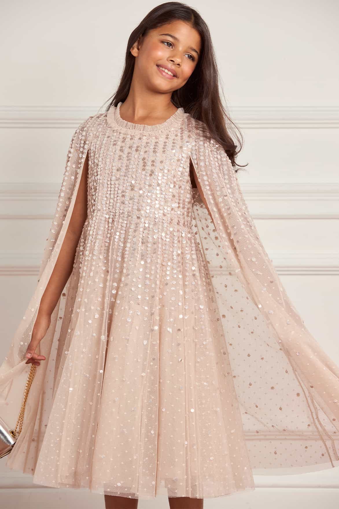 Needle & Thread Moonlight Sequin Cape sukienka dziewczęca oyster