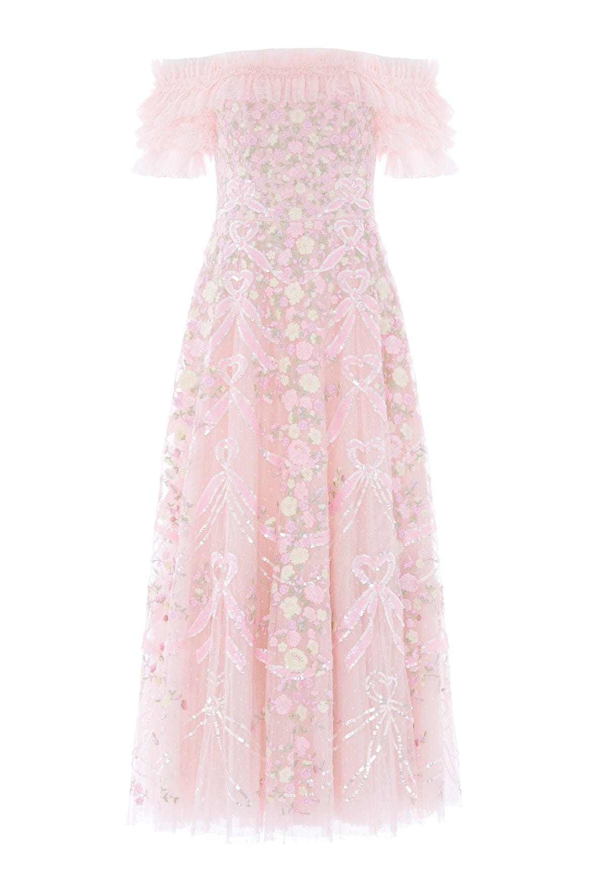 Needle & Thread Ribbon Heart Off-Shoulder Ankle Gown sukienka różowa