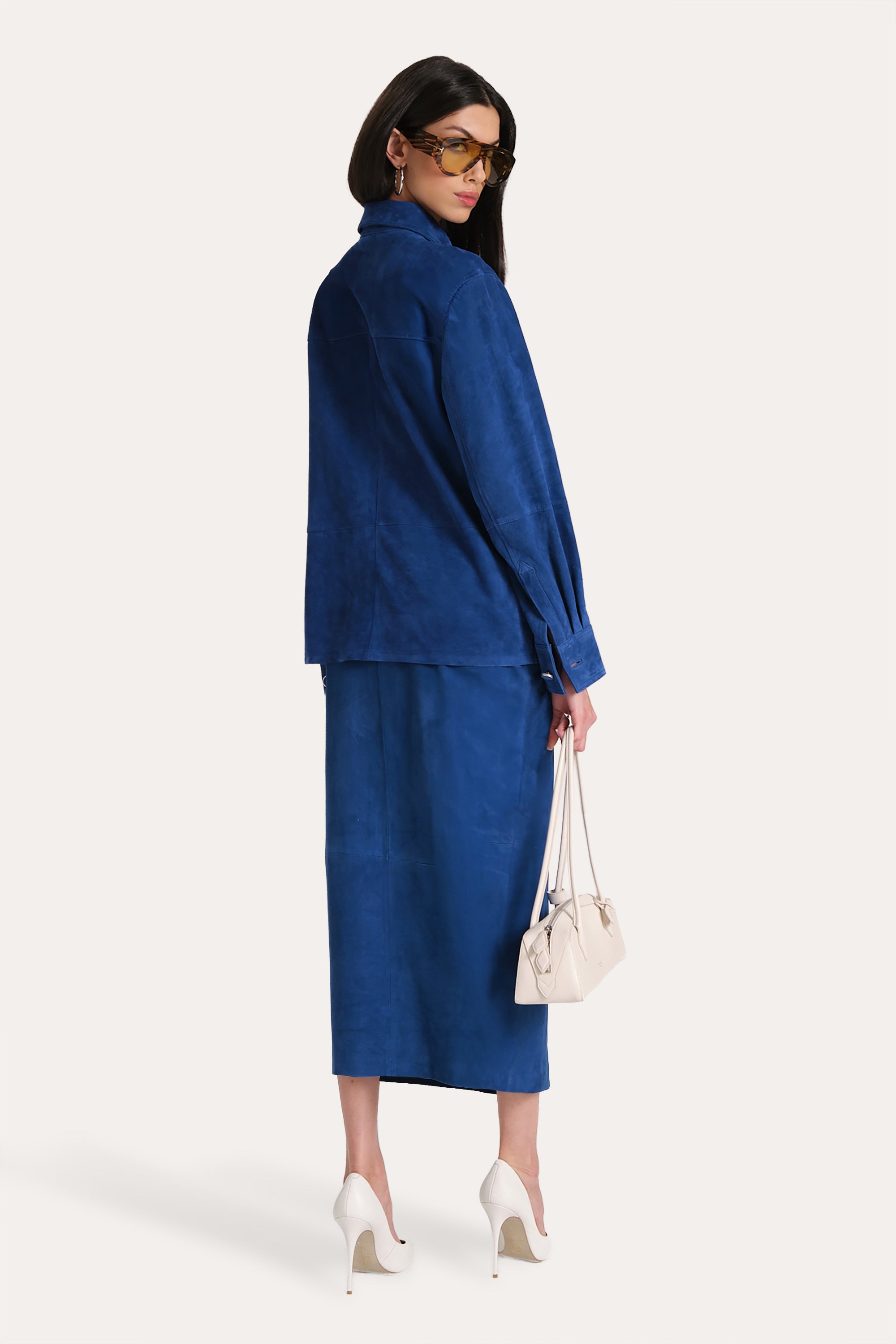 Elie Tahari Althea spódnica midi Azure zamszowa