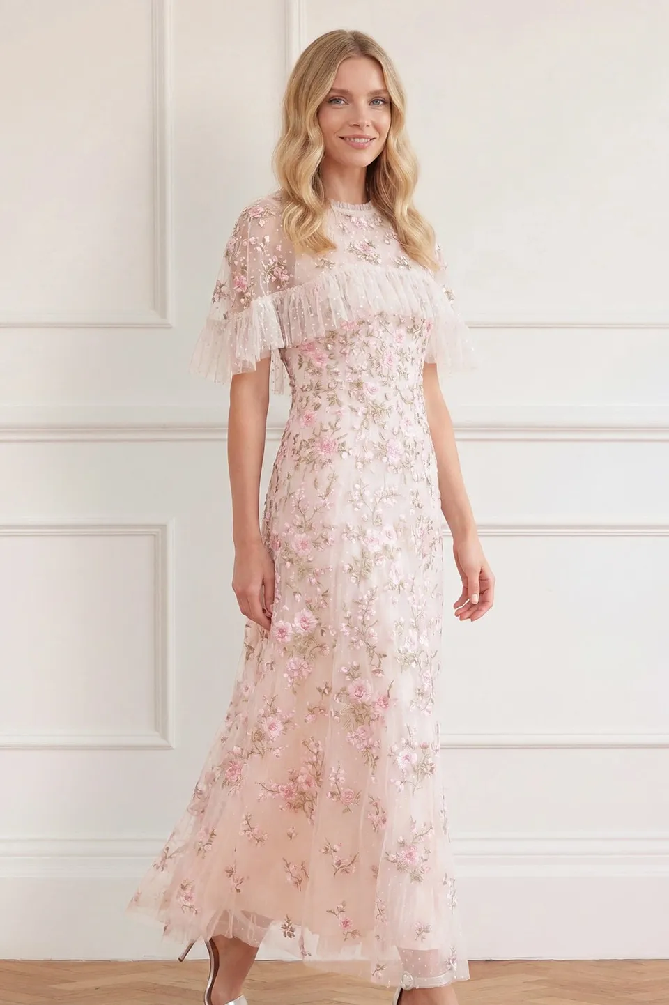 Needle & Thread Eden Rose Cape Ankle Gown suknia Cream haft