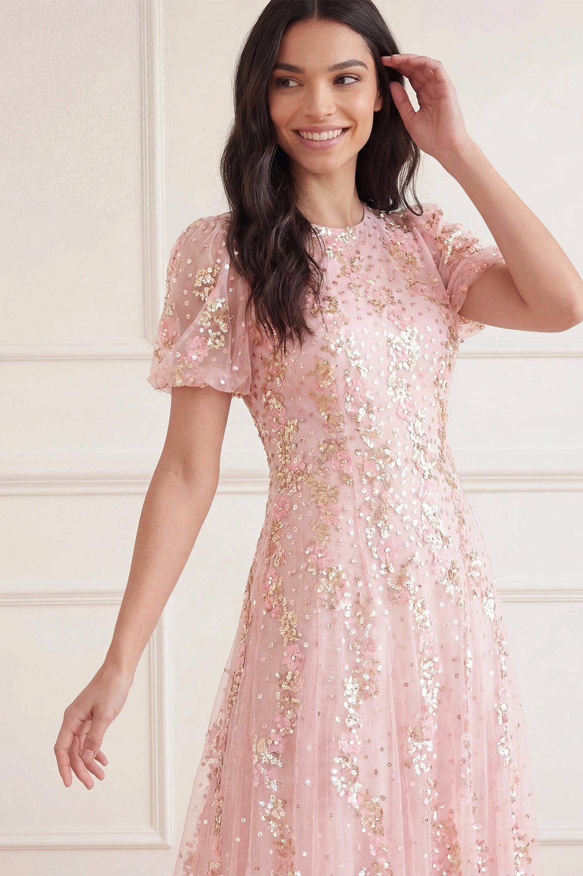 Needle & Thread Confetti Round Neck Ankle Gown sukienka różowa
