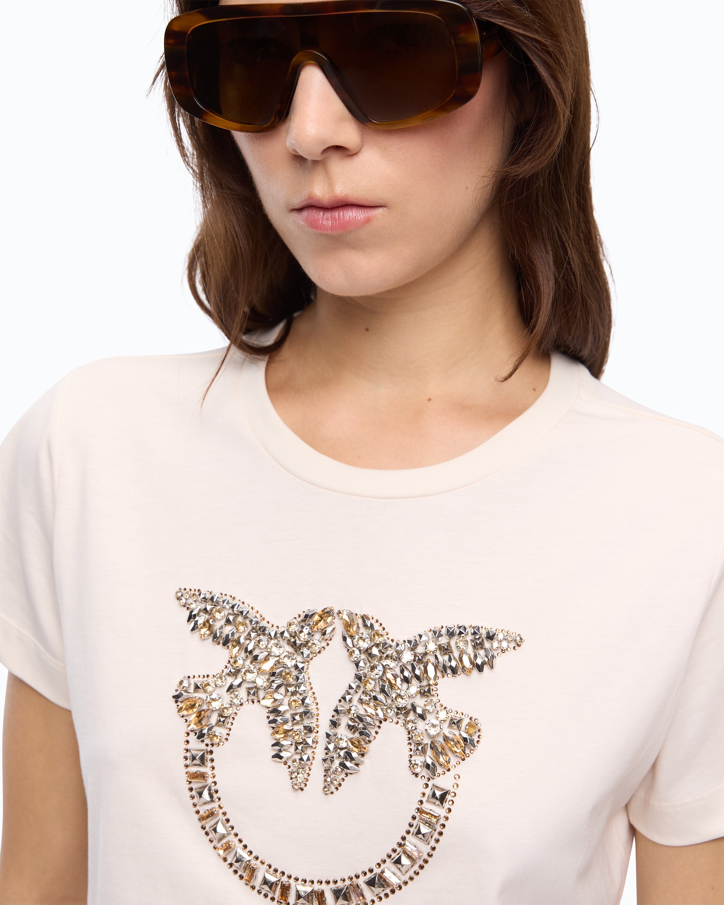 Pinko Love Birds t-shirt bawełniany beżowy kryształki