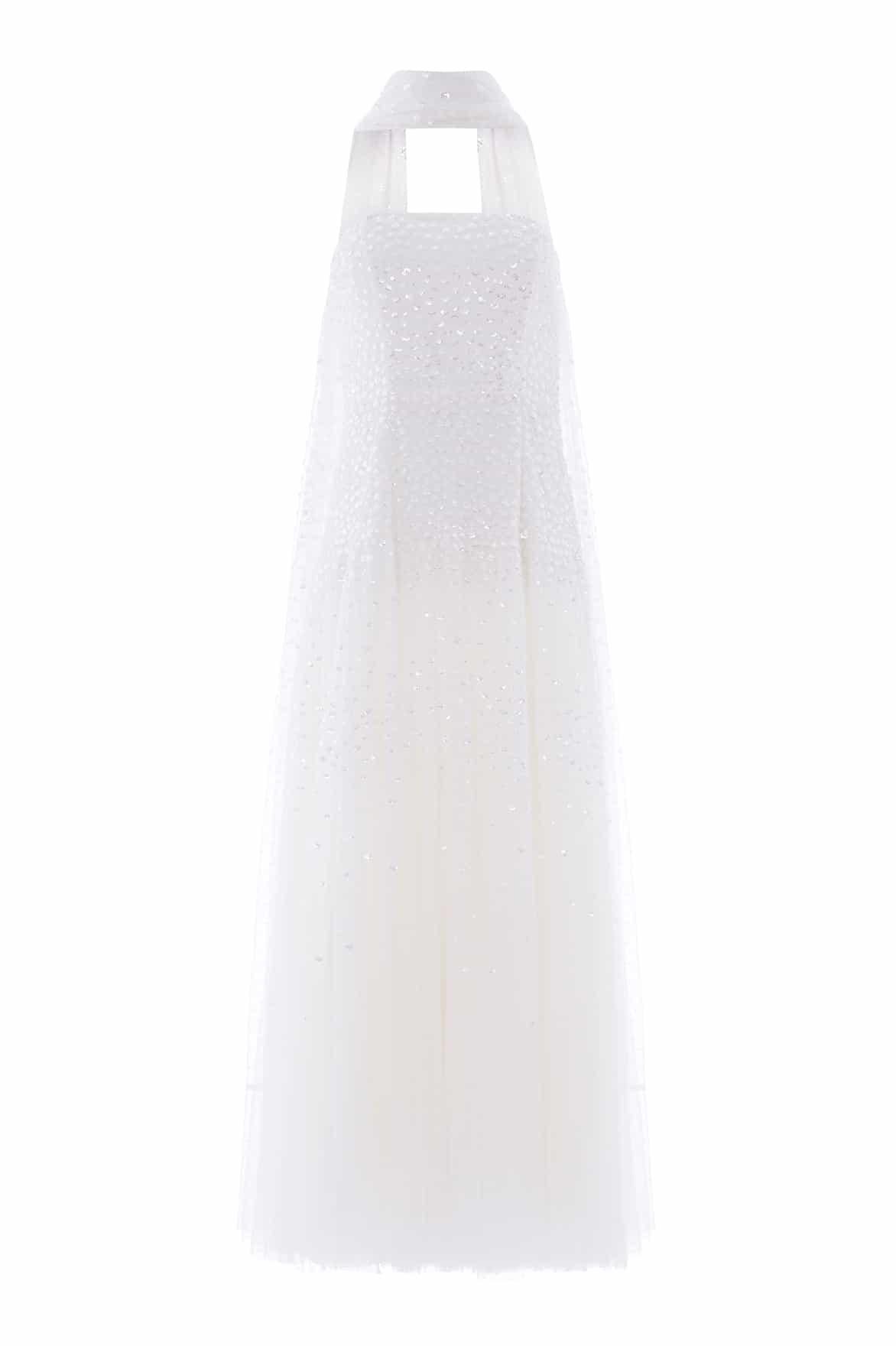 Needle & Thread Sunrise Sequin Strapless Cape Gown suknia biała cekinowa