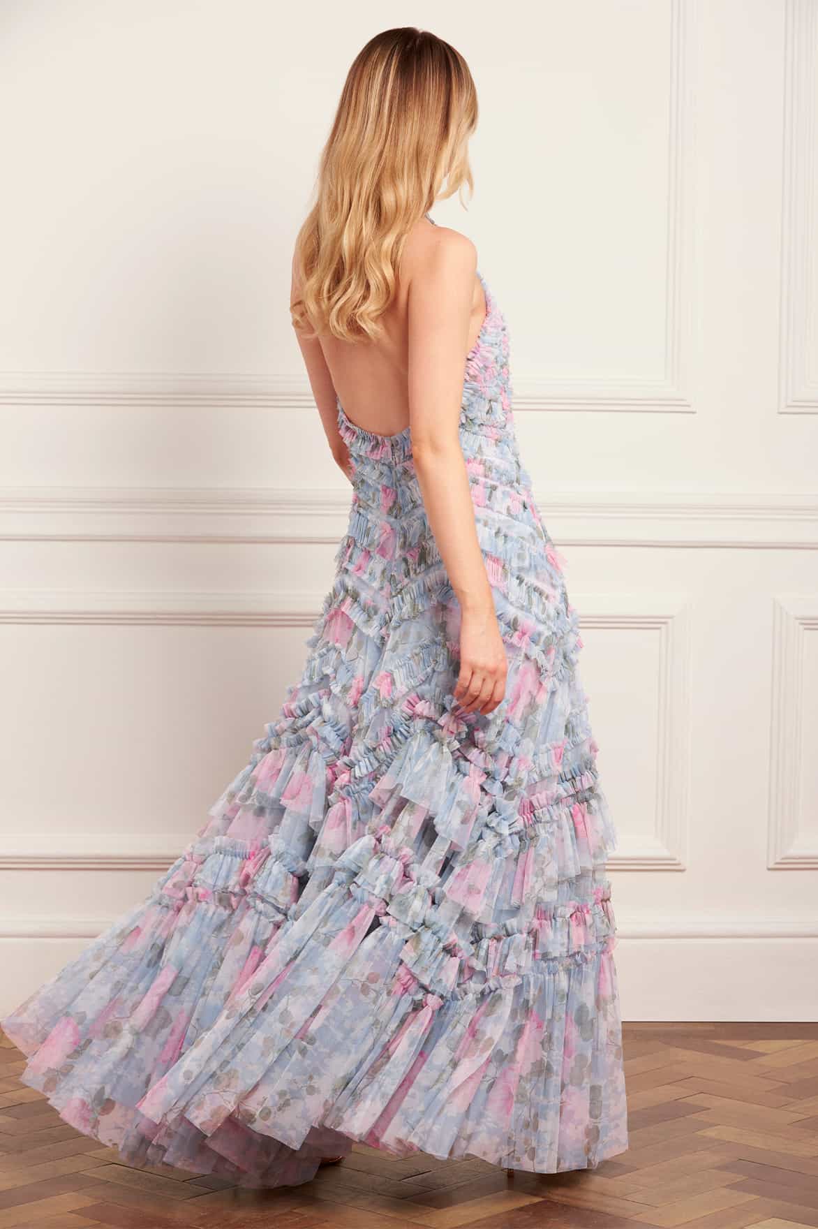 Needle & Thread Camille's Garden Elia suknia halter niebieska maxi