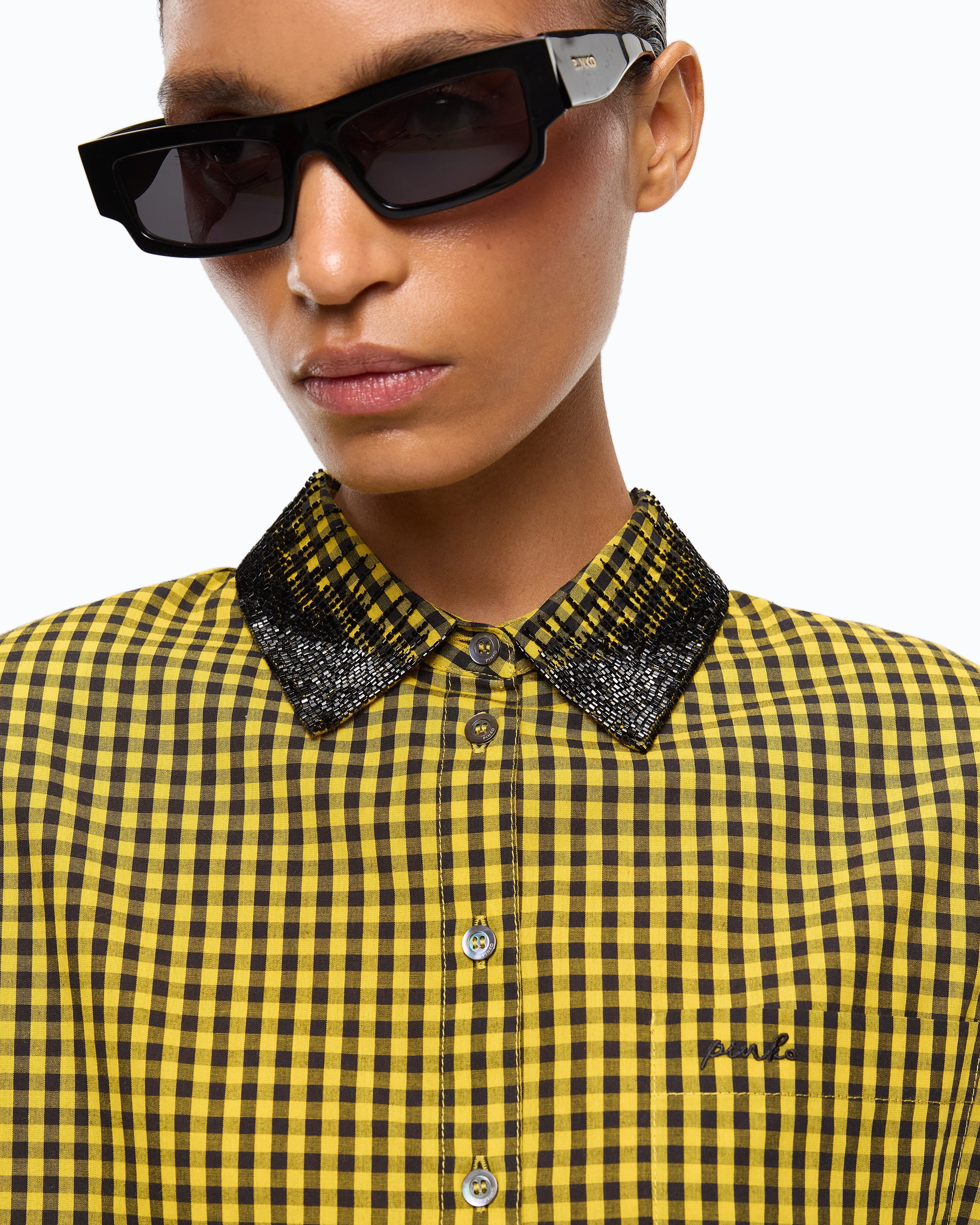 Pinko Carne koszula cropped czarna w kratkę
