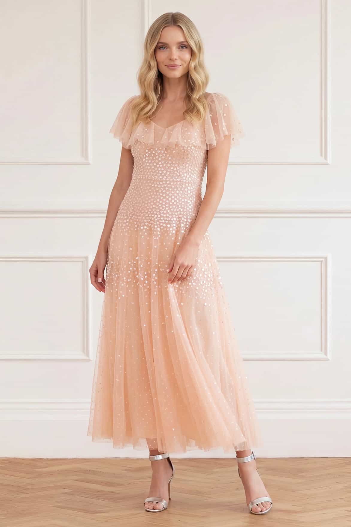 Needle & Thread Sunrise Sequin V-Neck sukienka różowa midi