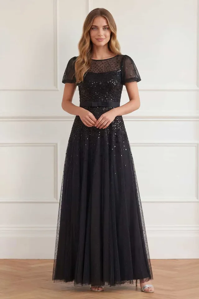 Needle & Thread Sequin Cascade Bow suknia czarna cekinowa
