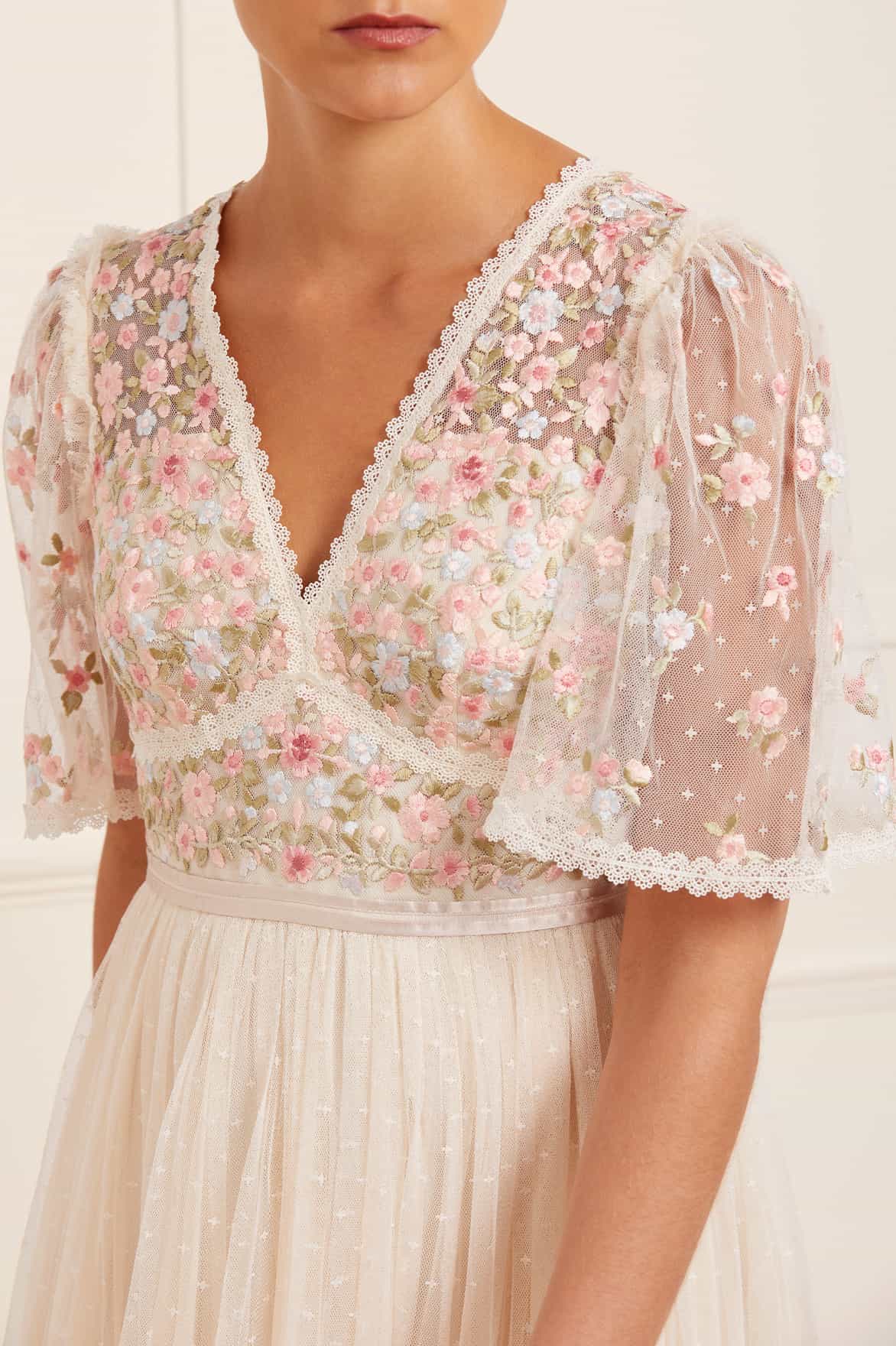 Needle & Thread Ribbon Bouquet Bodice Ankle Gown sukienka kremowa haft