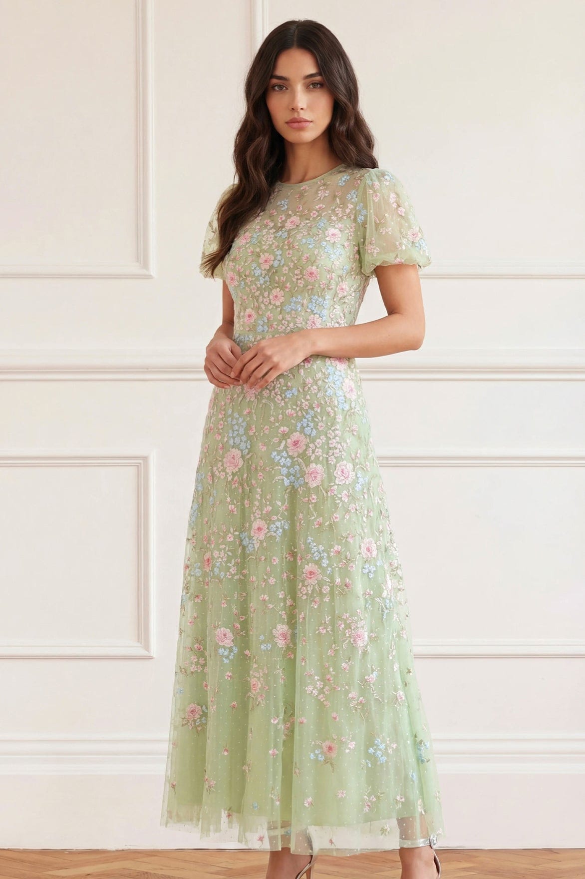 Needle & Thread Peony Bouquet Round Neck Ankle Gown suknia zielona