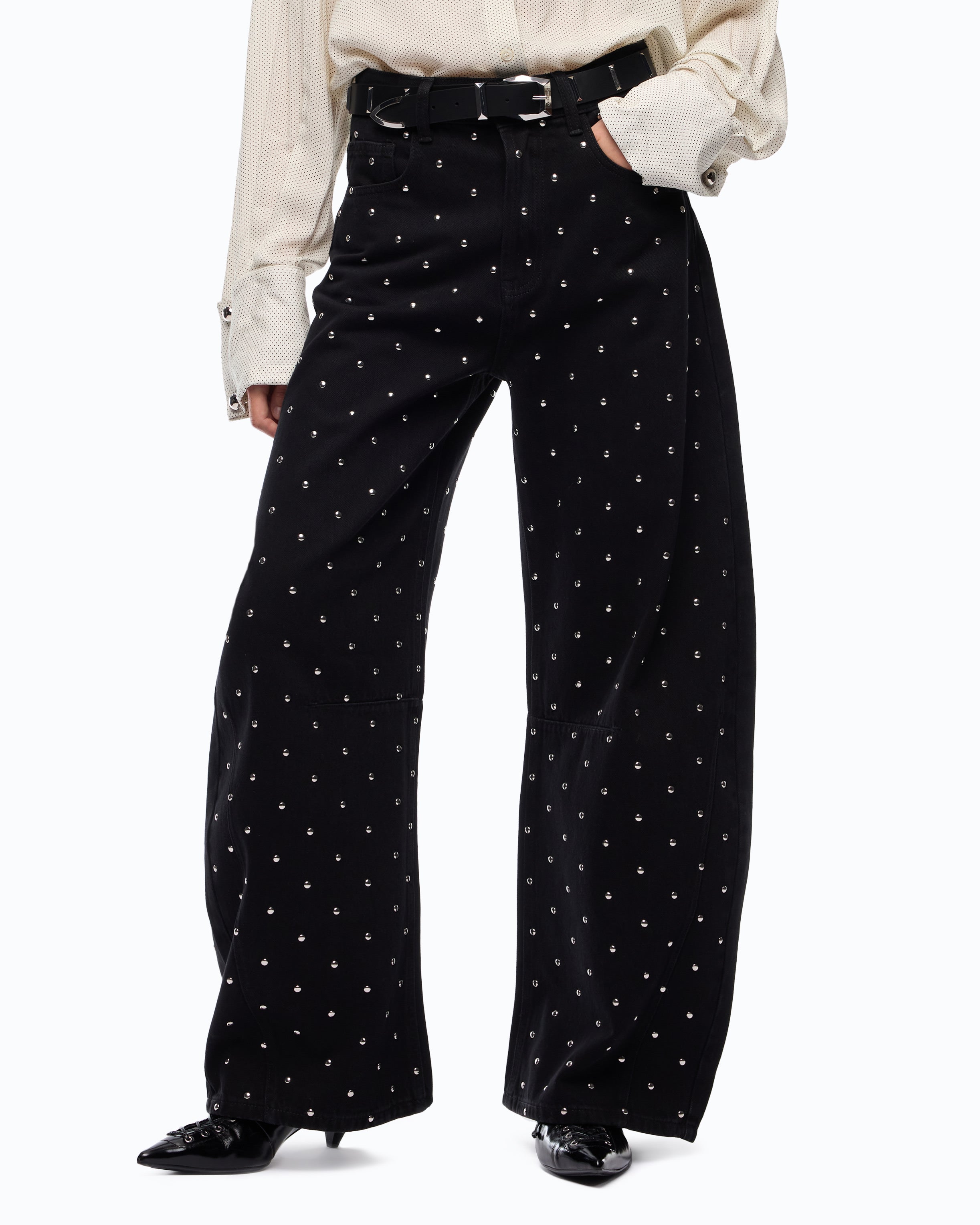 Pinko Emma Egg spodnie barrel jeans czarne z ćwiekami