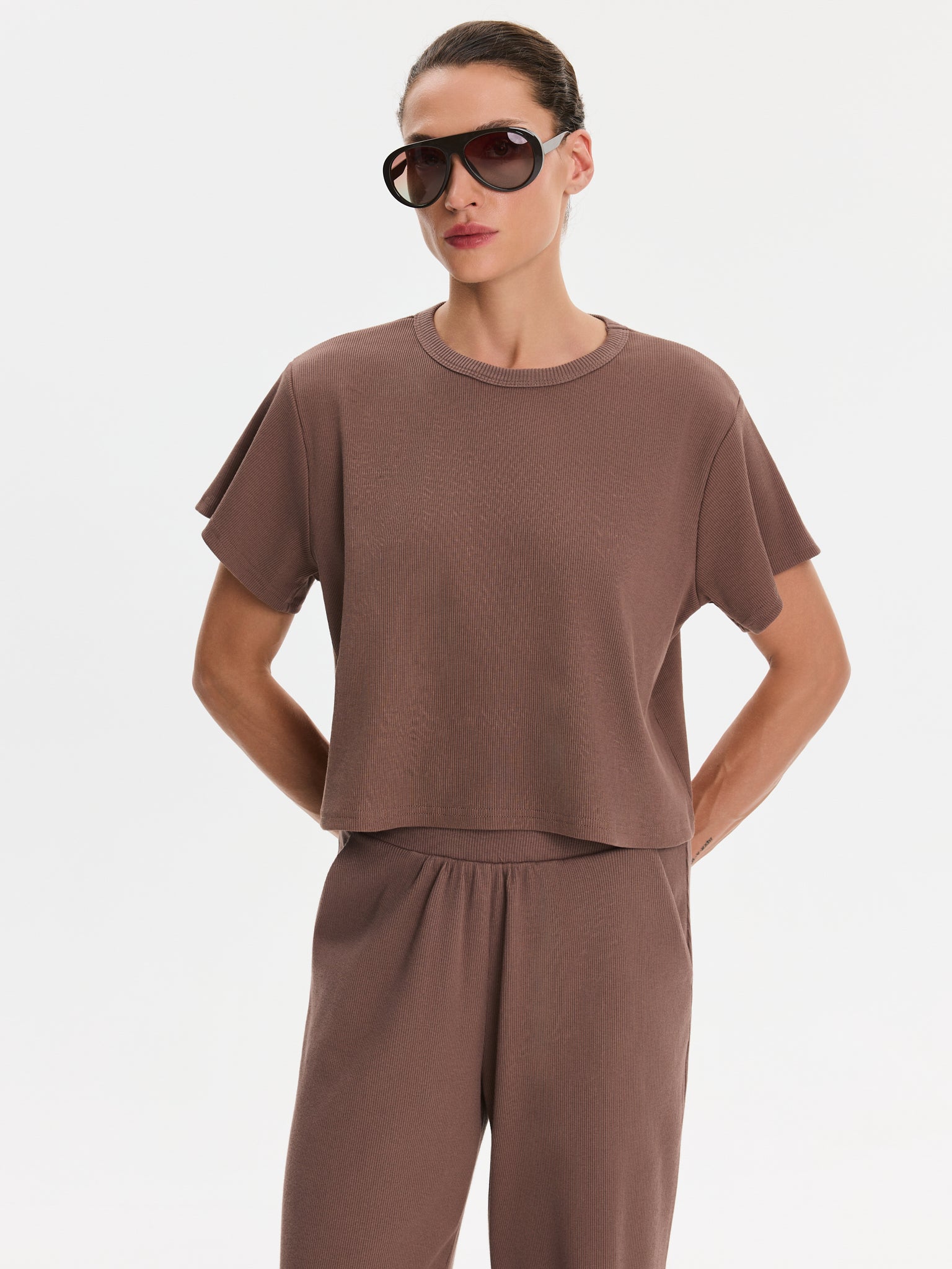 Nudyess Agapi prążkowany t-shirt Chocolate