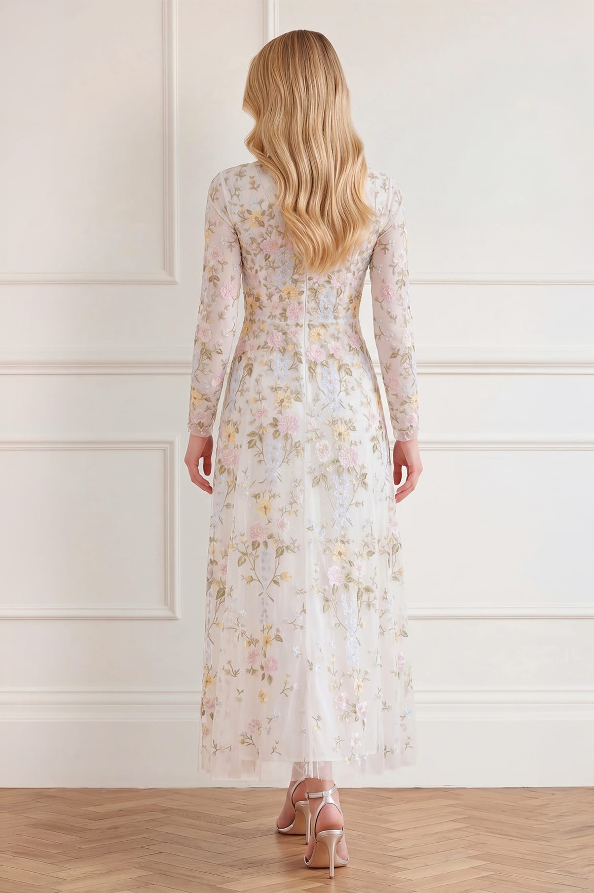 Needle & Thread Garden Rose Long Sleeve Ankle Gown sukienka biała