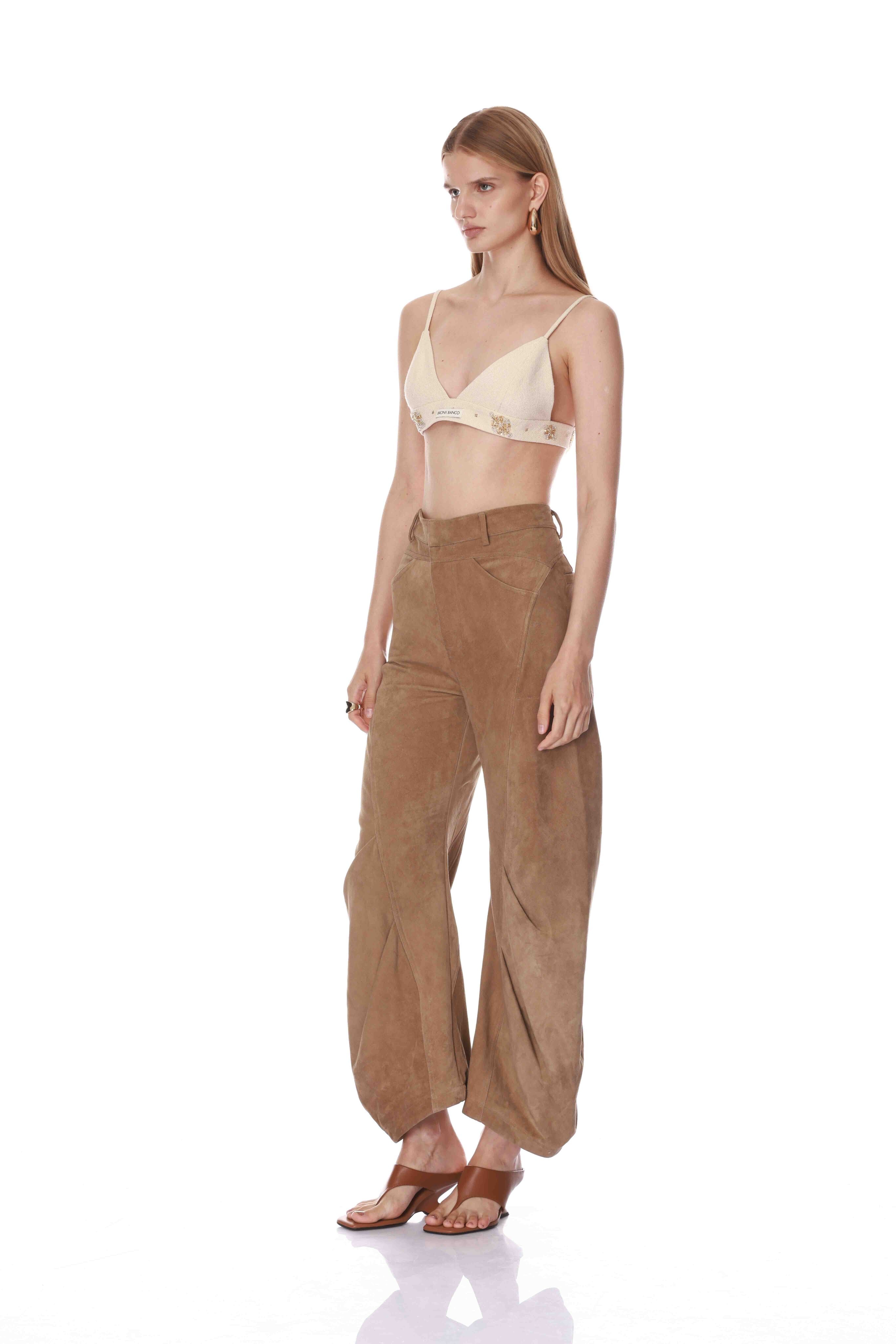 Bronx and Banco Suede Brown spodnie zamszowe barrel