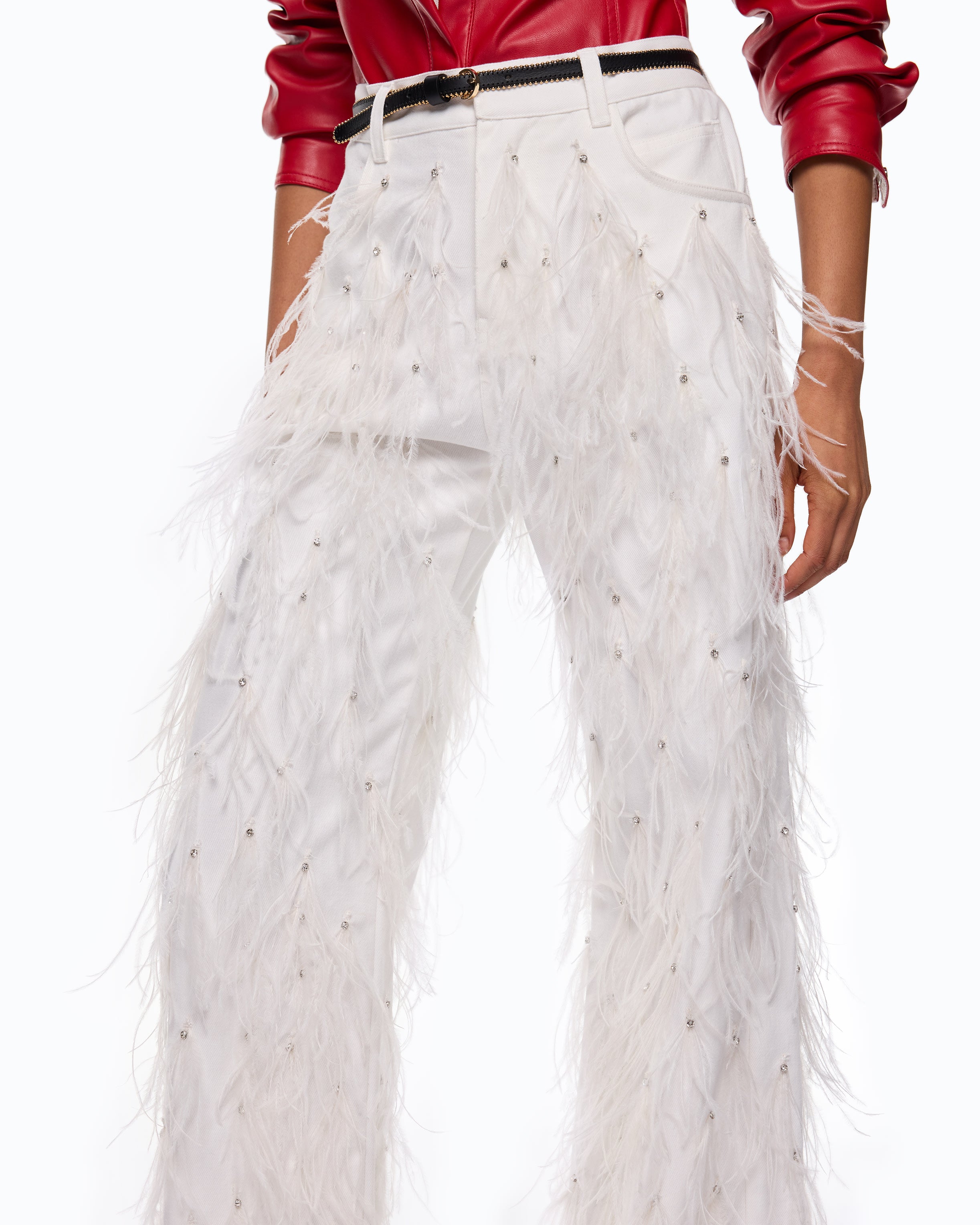 Pinko Tigra Wide Leg spodnie eleganckie białe z piórami