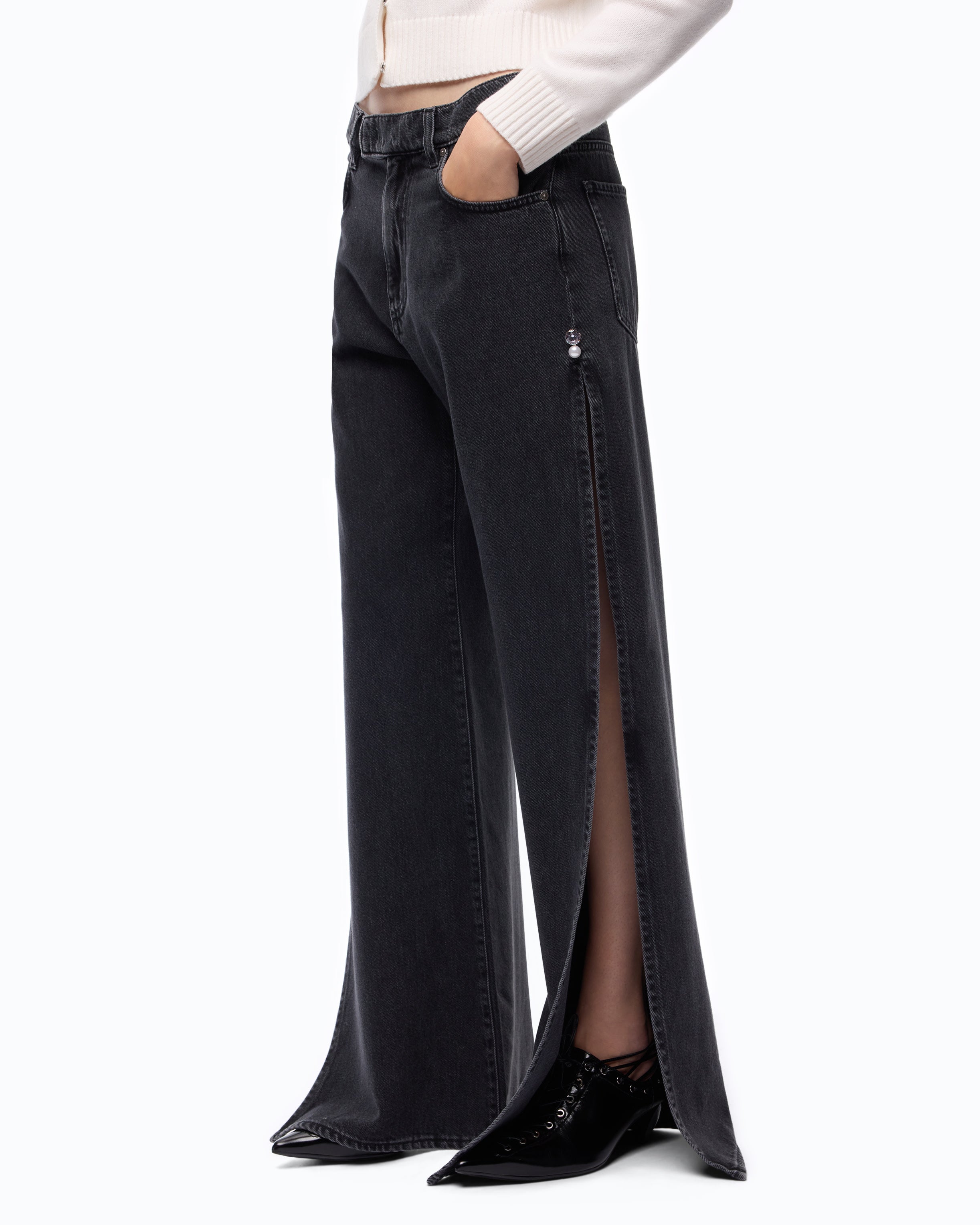 Pinko Wanda Wide Leg dżinsy czarne z rozcięciami