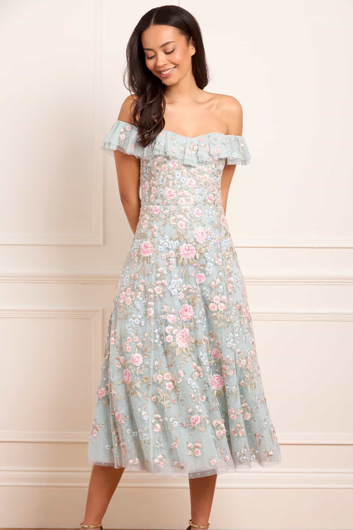 Needle & Thread Antoinettes Floral Ballerina sukienka niebieska haftowana