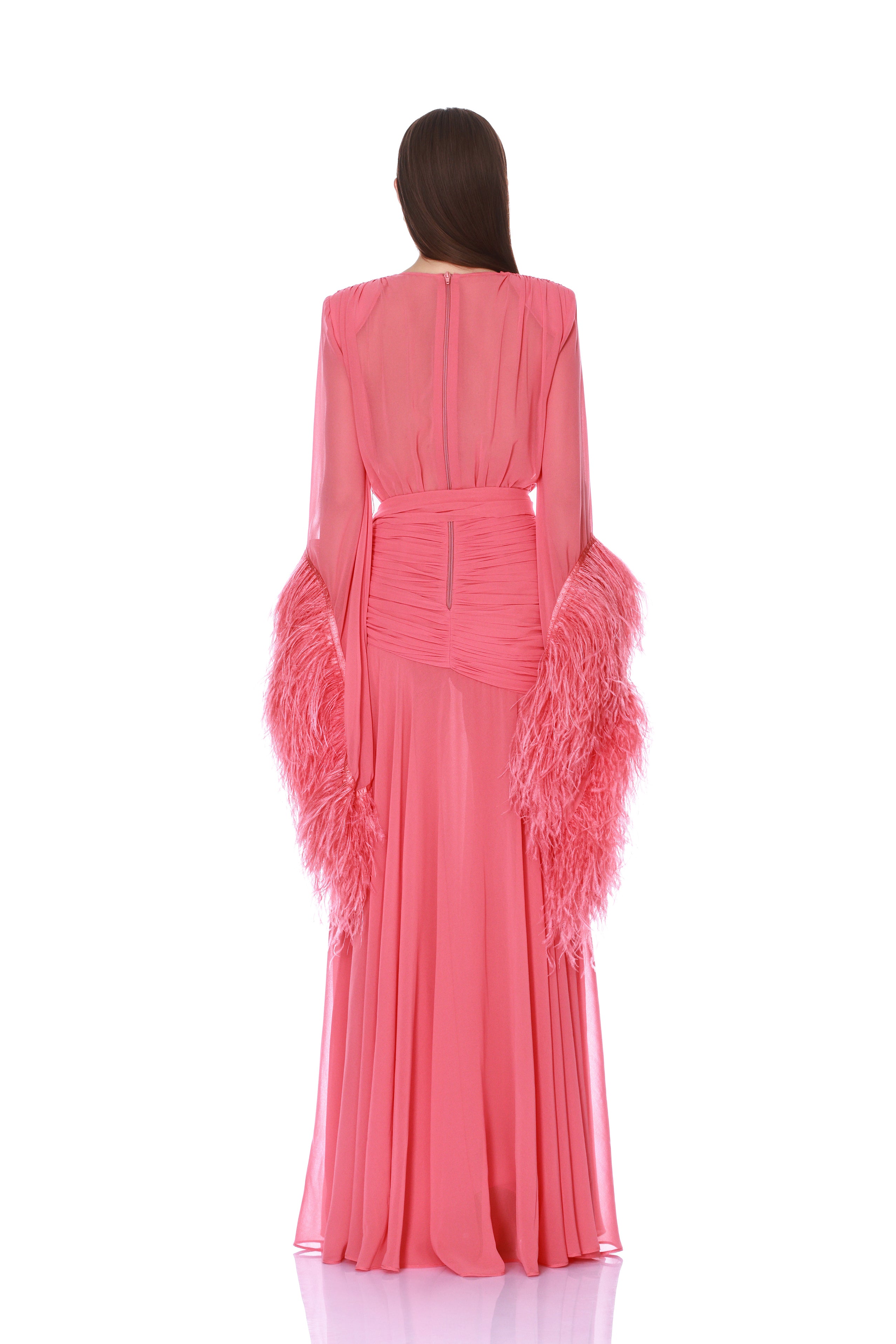 Bronx and Banco Geisha Coral sukienka maxi koralowa z piórami