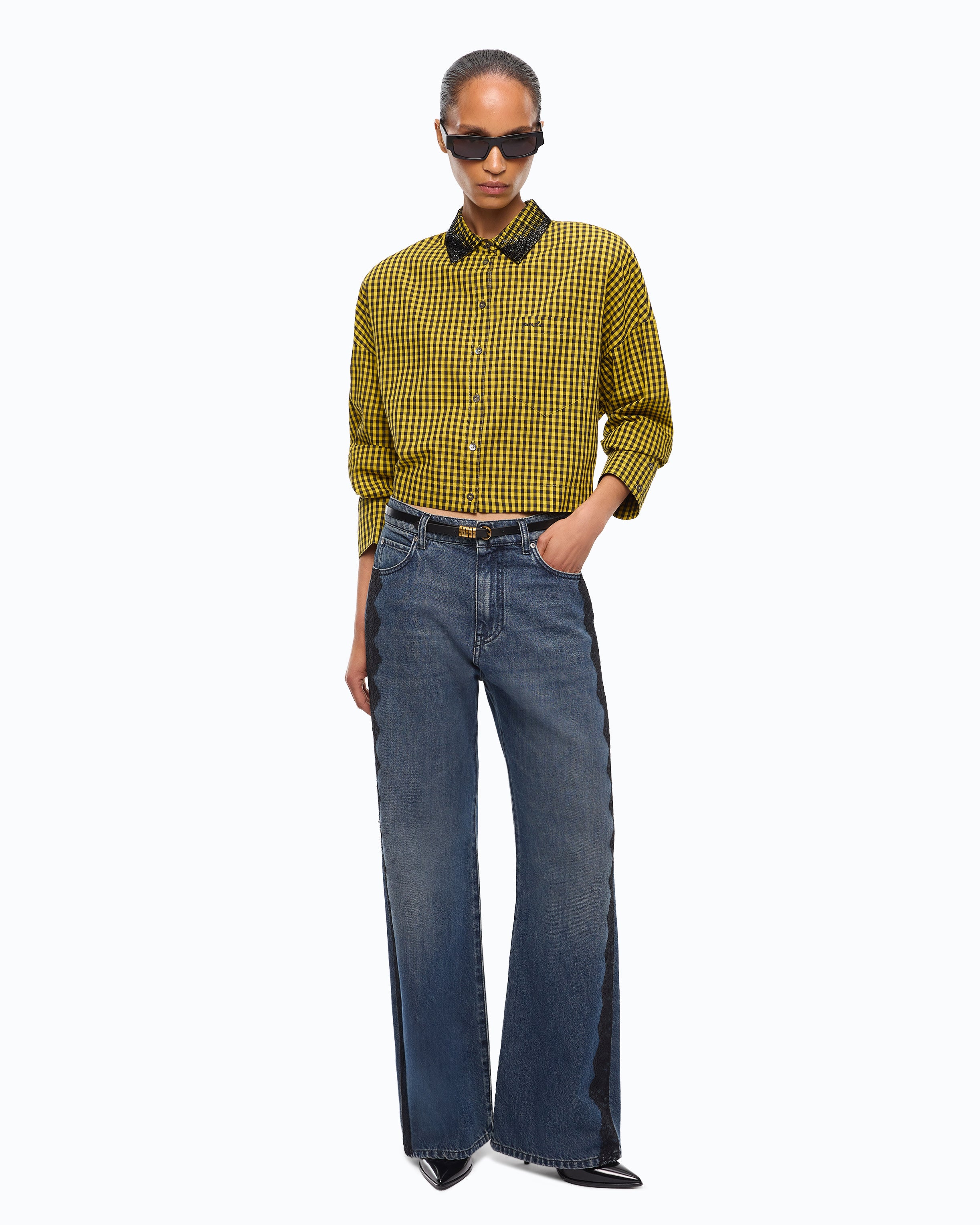 Pinko Carne koszula cropped czarna w kratkę