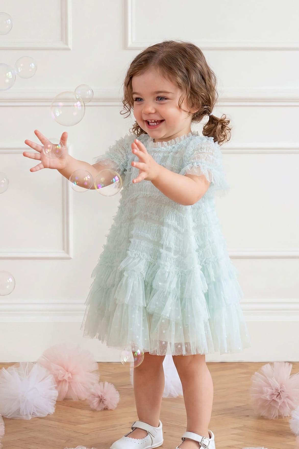Needle & Thread Valentine Ruffle Baby sukienka zielona tiulowa