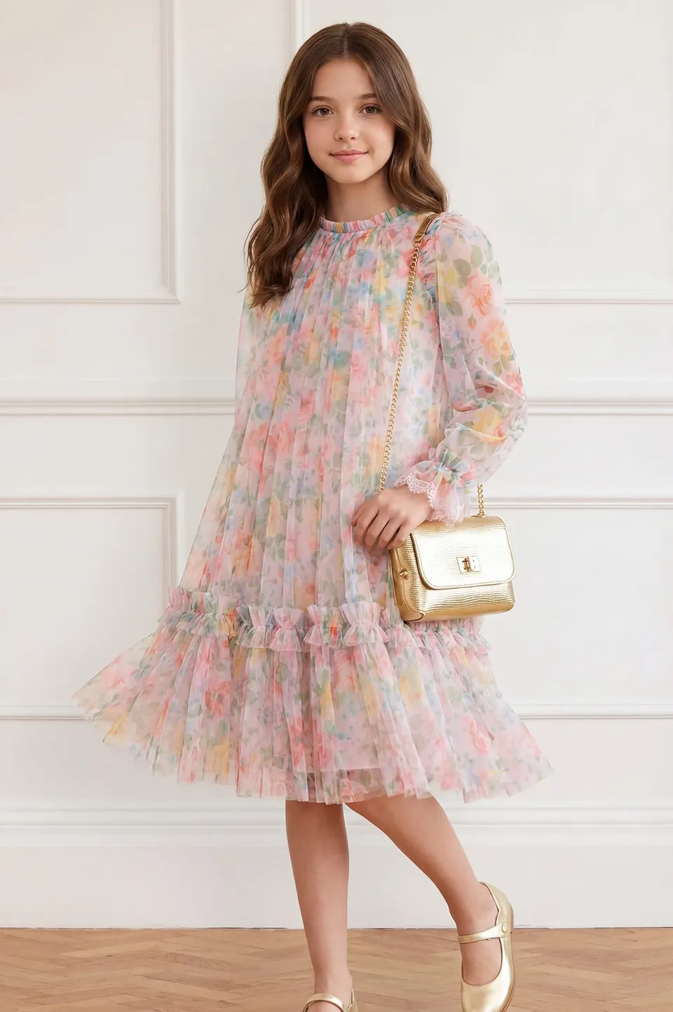 Needle & Thread Sienna Rose Long Sleeve sukienka Pink tiulowa
