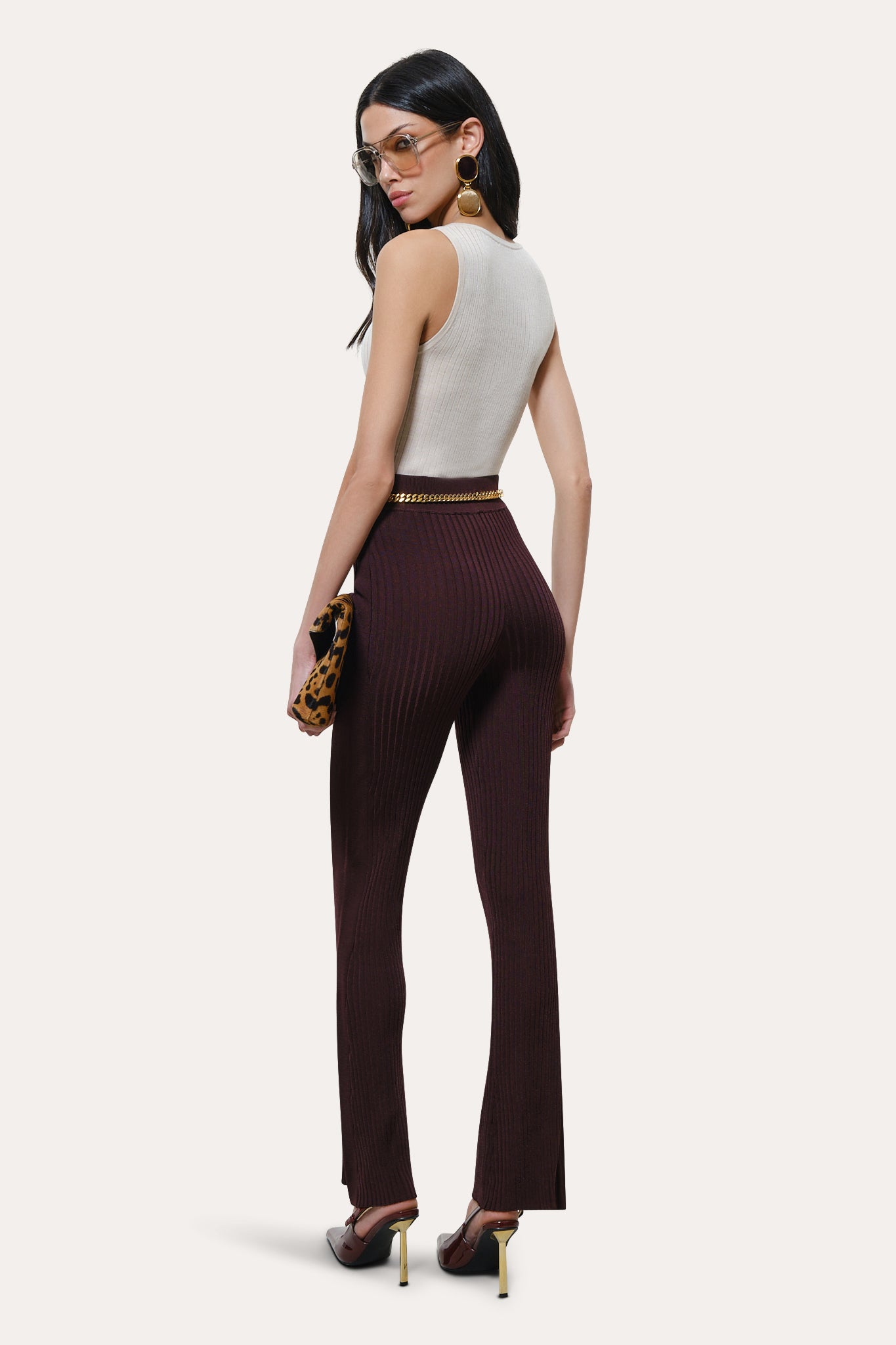 Elie Tahari Roxanne Ribbed Flare Pant spodnie bordowe Port Wine