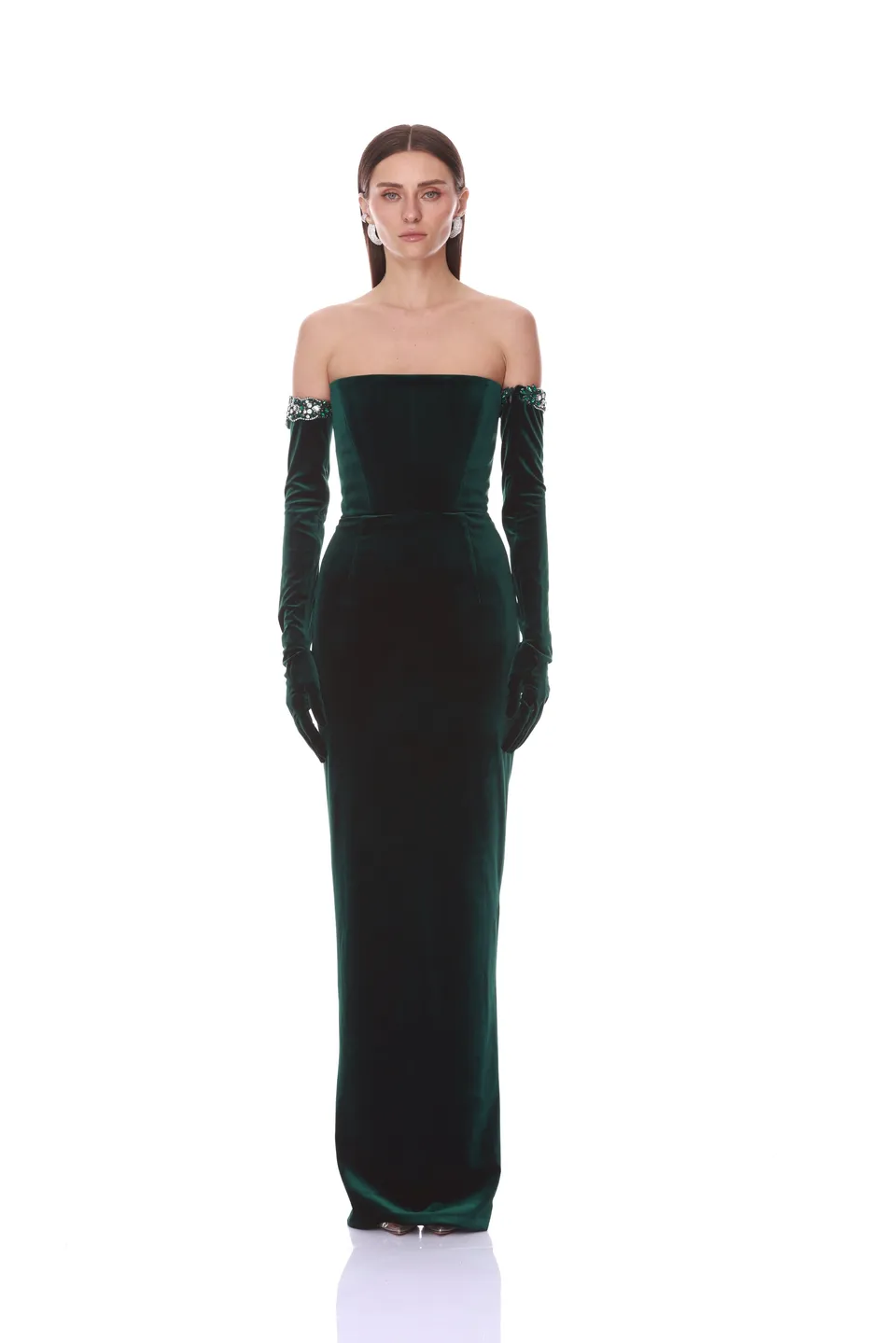 Bronx and Banco Velvet Strapless sukienka maxi szmaragdowa z rękawiczkami