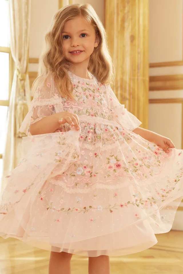 Needle & Thread Ribbon Bouquet Kids sukienka Pink haftowana