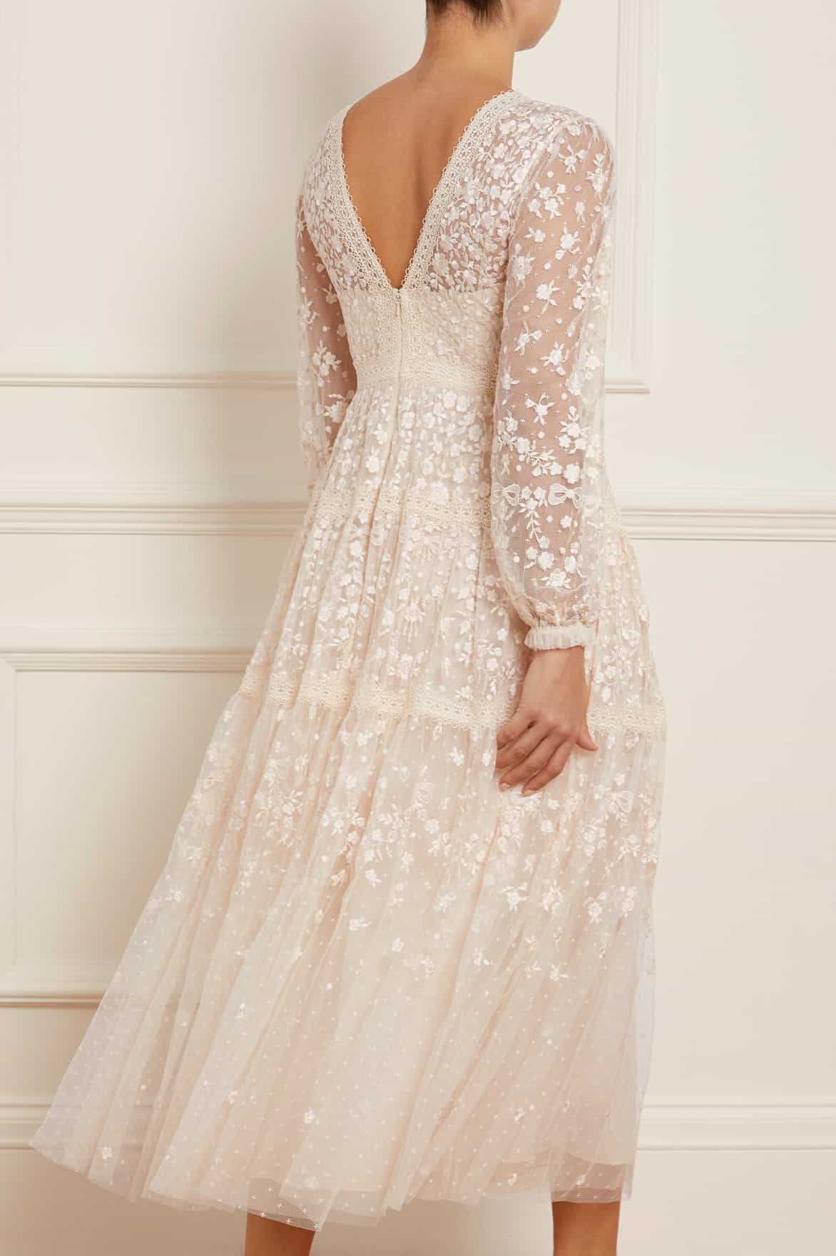Needle & Thread Celestia Ribbon Ankle Gown sukienka kremowa haftowana