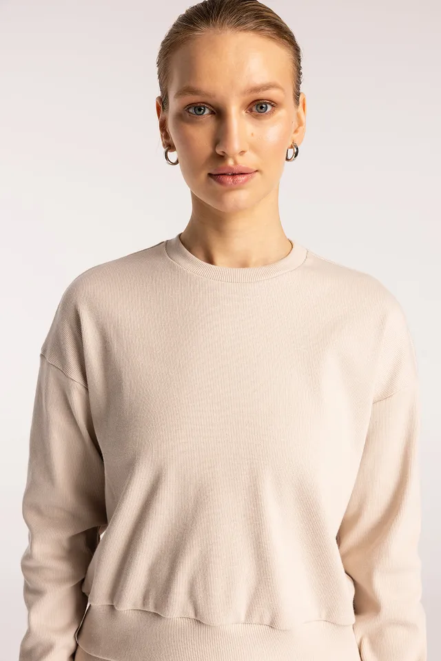 Nudyess Company bluza prążkowana jasny beż bawełniana