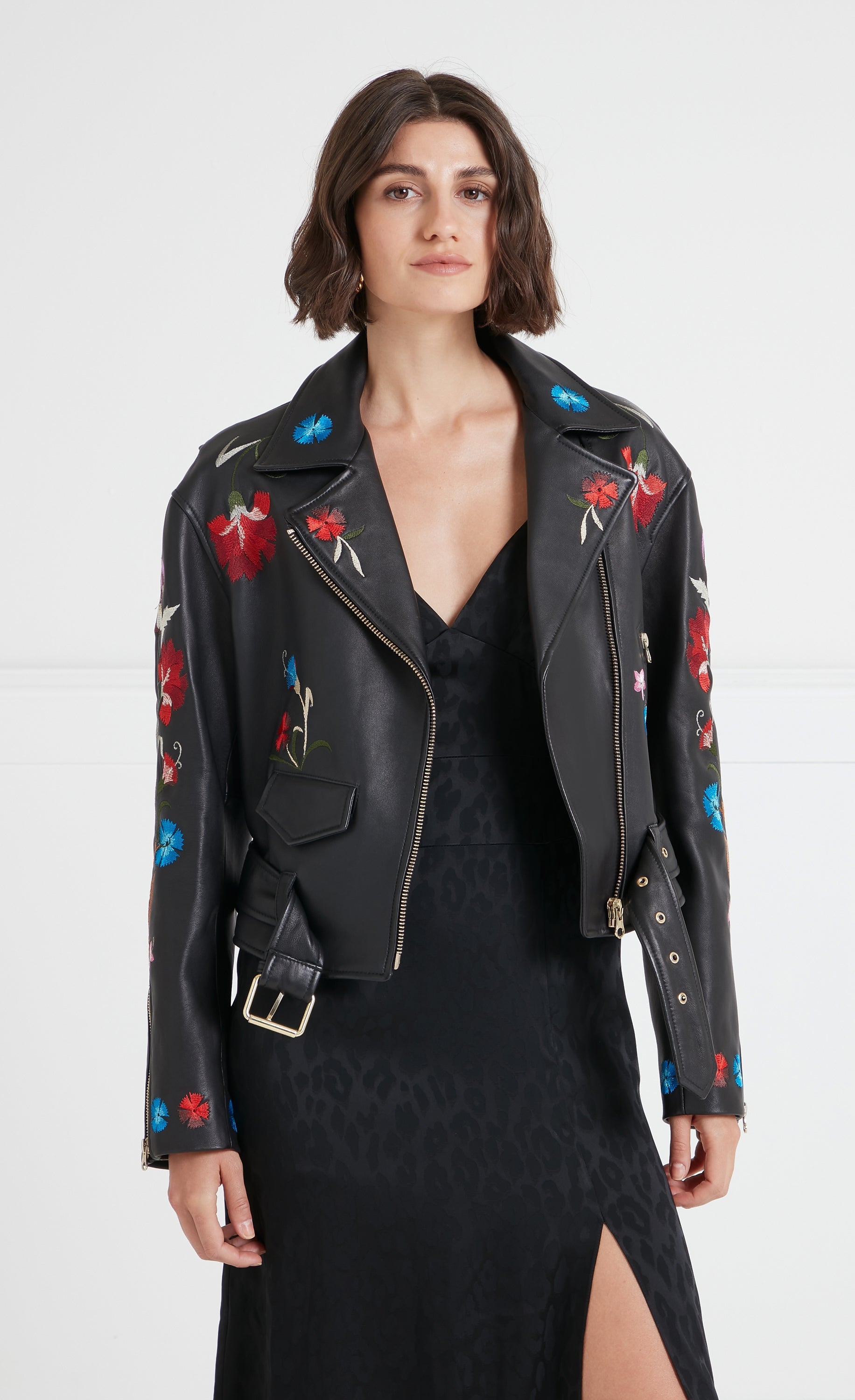 Temperley London Toledo kurtka Black skórzana haftowana
